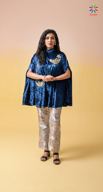 Royal-Blue Hand-Embroidered Velvet and Silk Occasion-Wear Co-ord Set