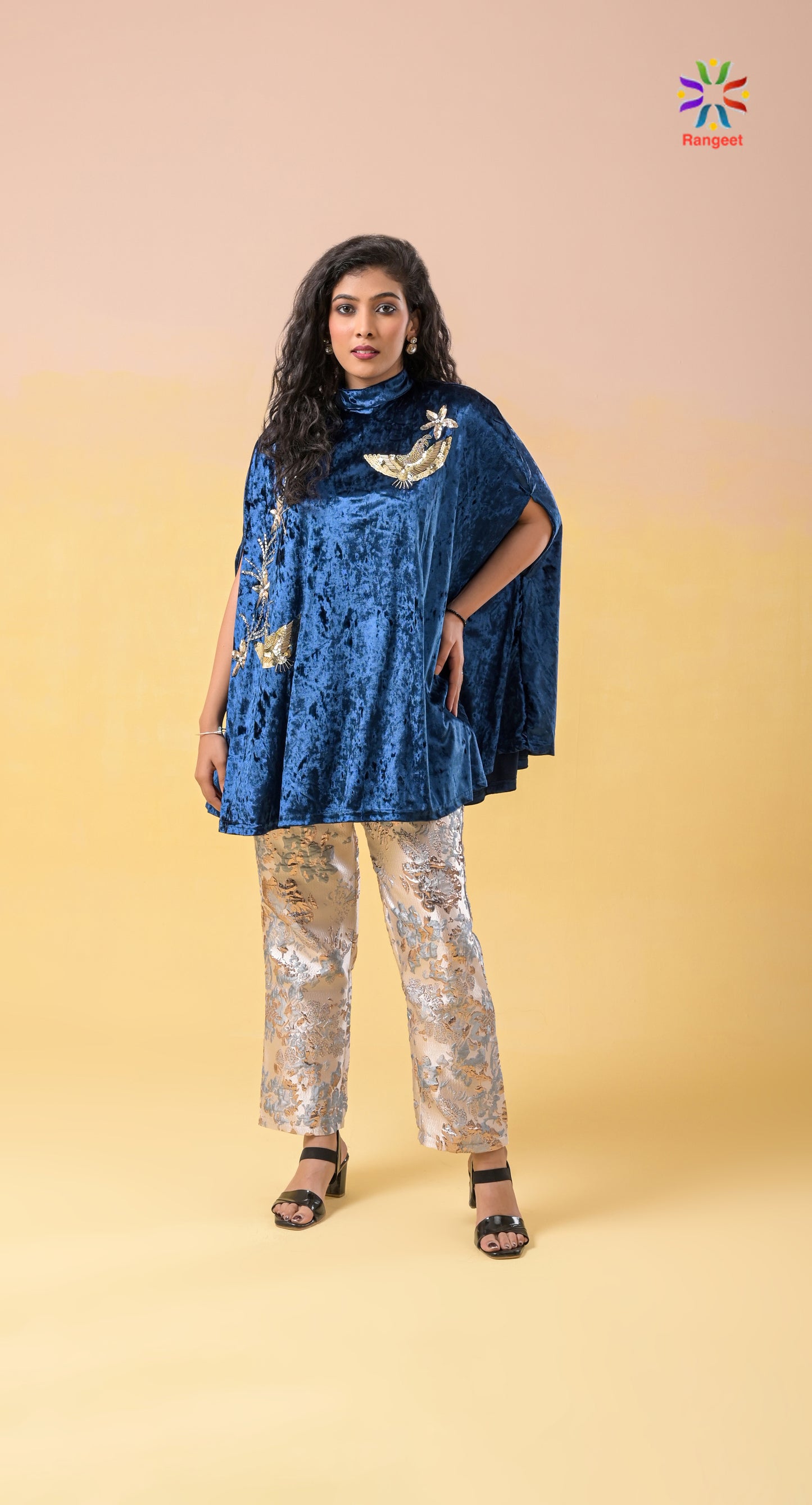 royal-blue hand-embroidered velvet and silk occasion-wear co-ord set