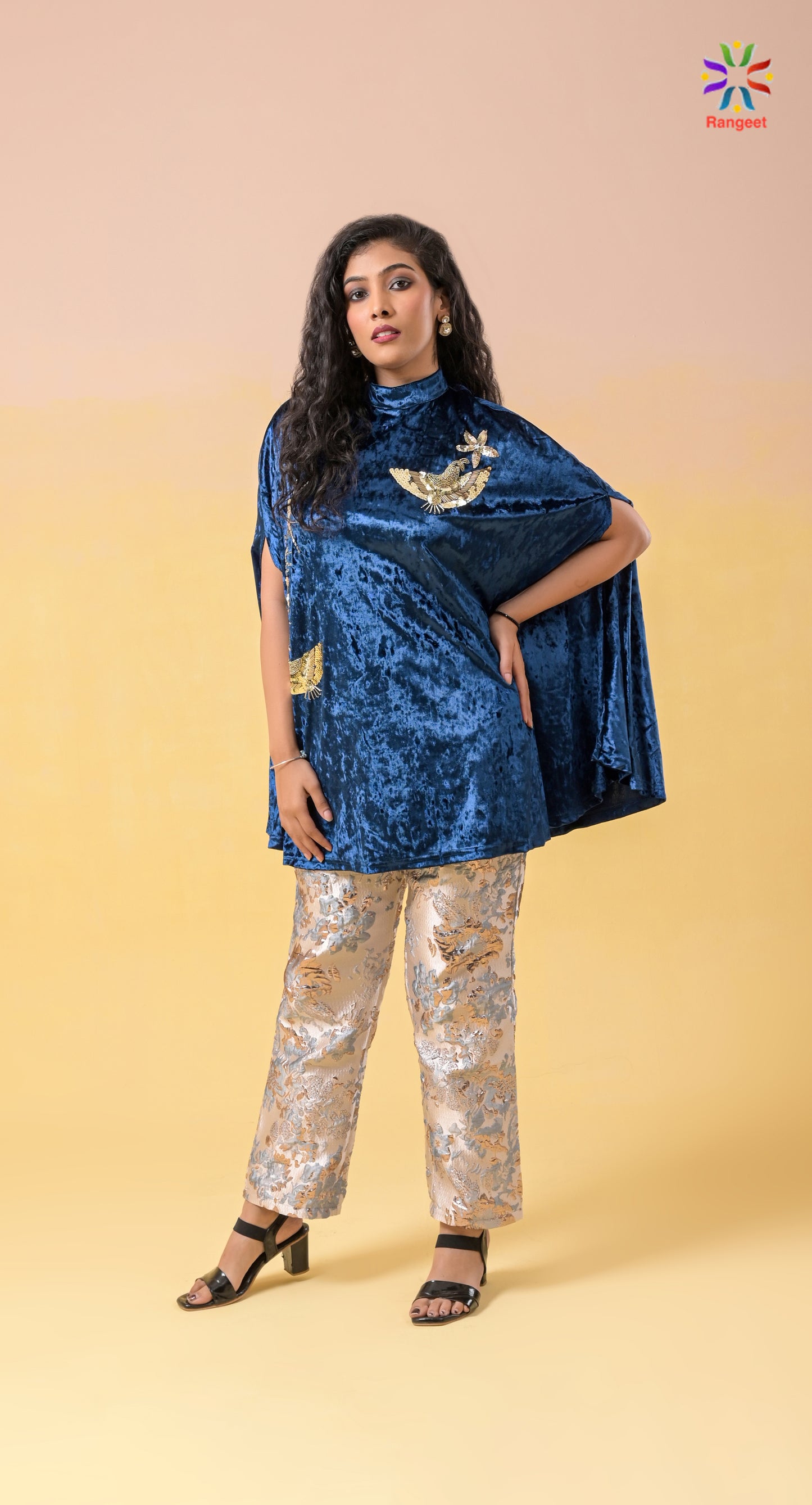 royal-blue hand-embroidered velvet and silk occasion-wear co-ord set