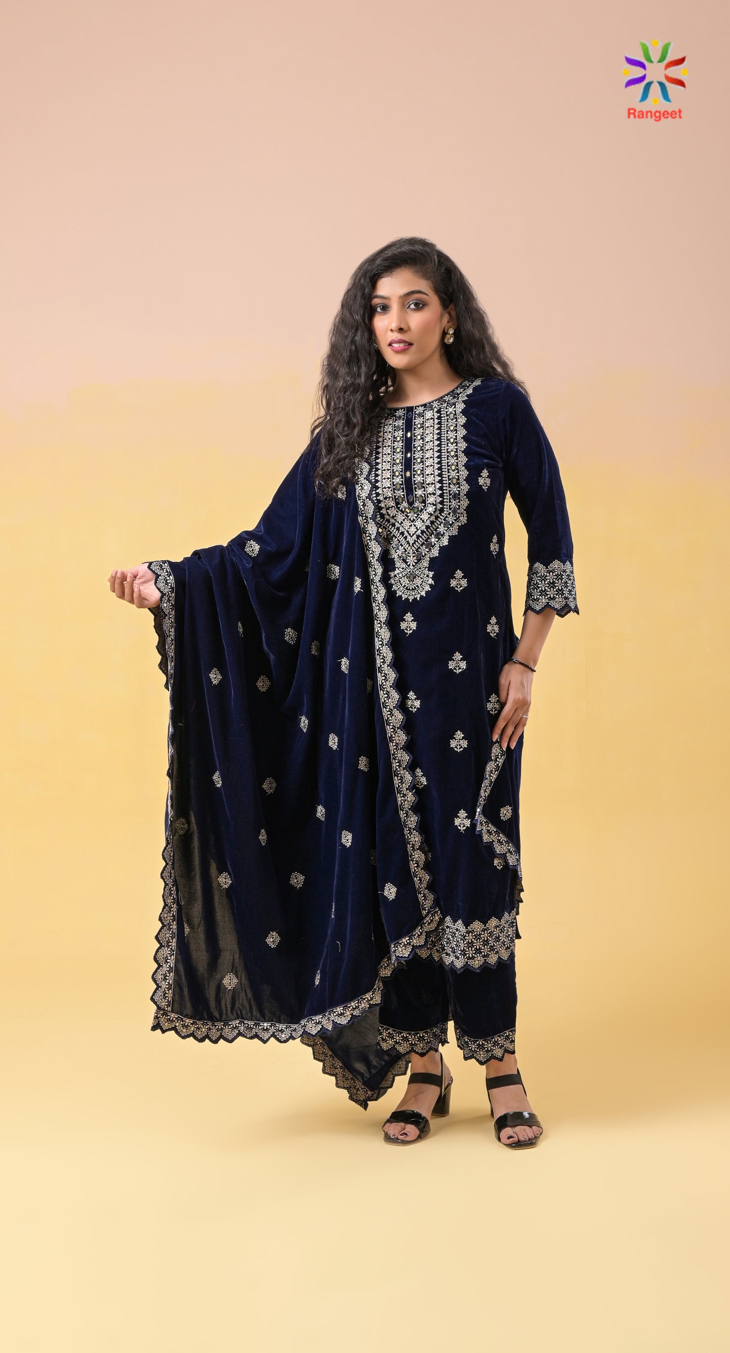 dark-blue fully-embroidered velvet suit set