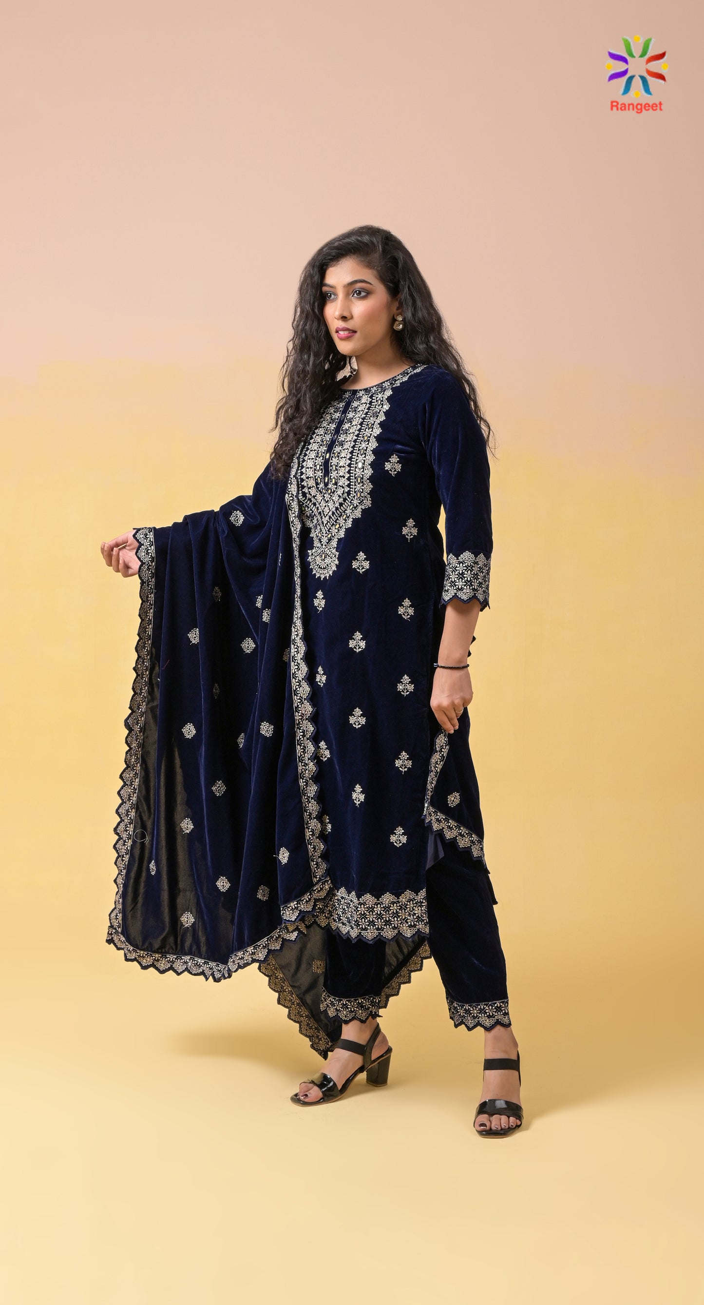 dark-blue fully-embroidered velvet suit set