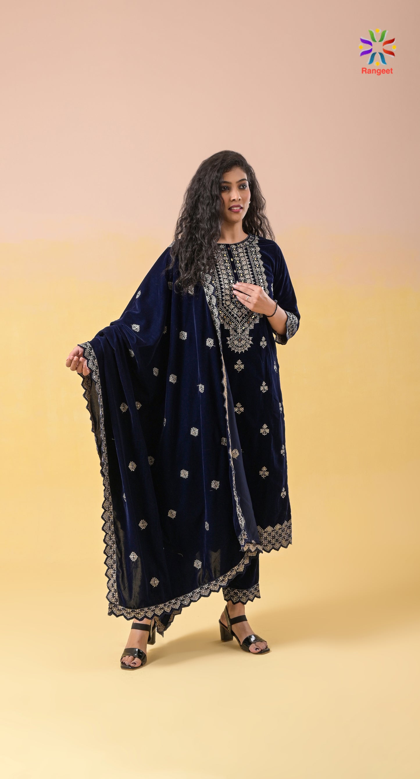 dark-blue fully-embroidered velvet suit set