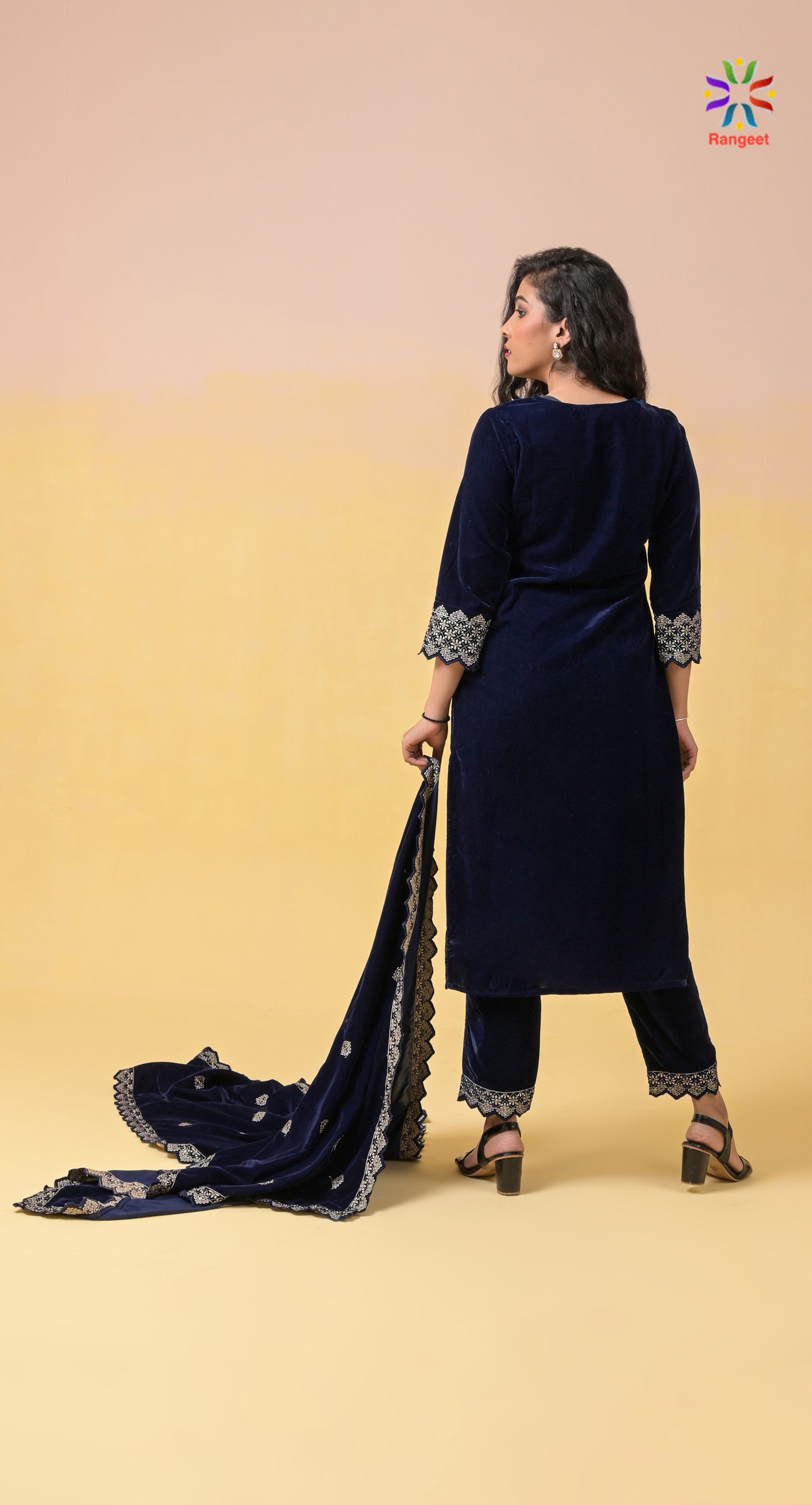 dark-blue fully-embroidered velvet suit set