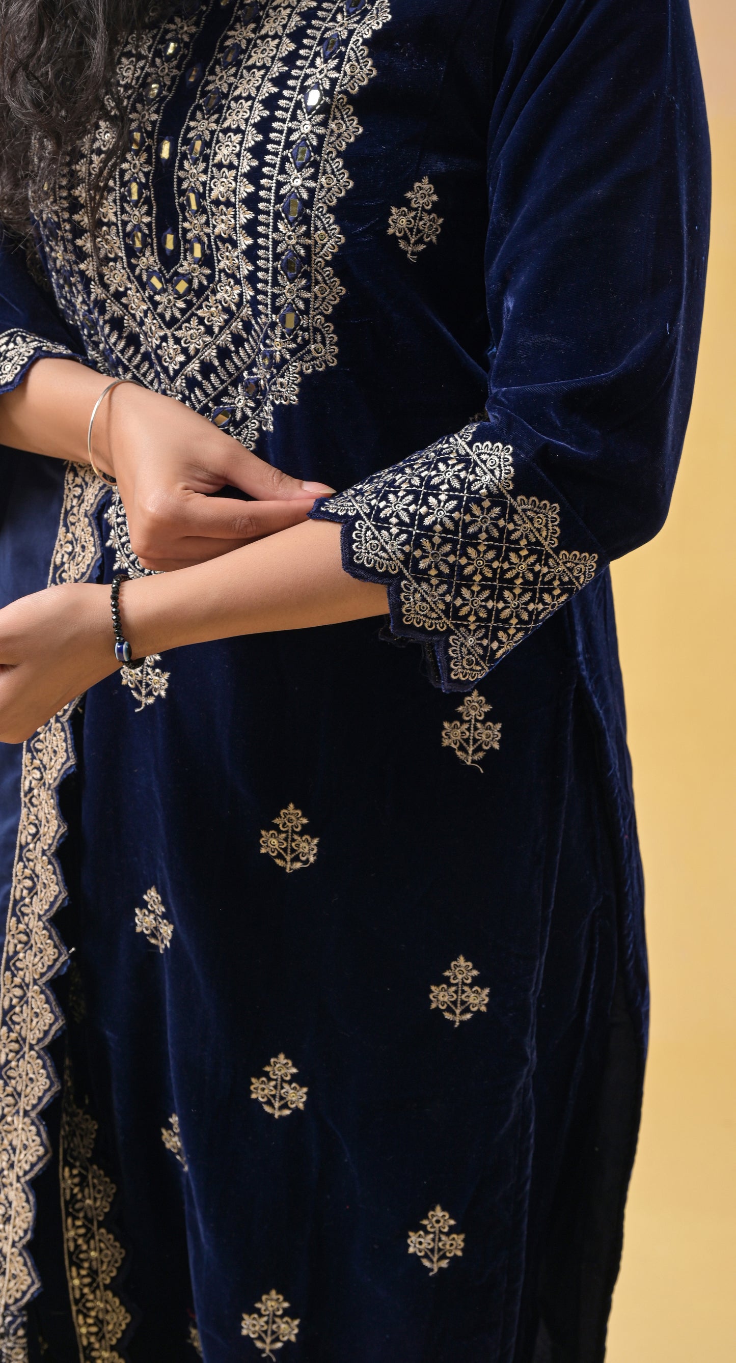 dark-blue fully-embroidered velvet suit set