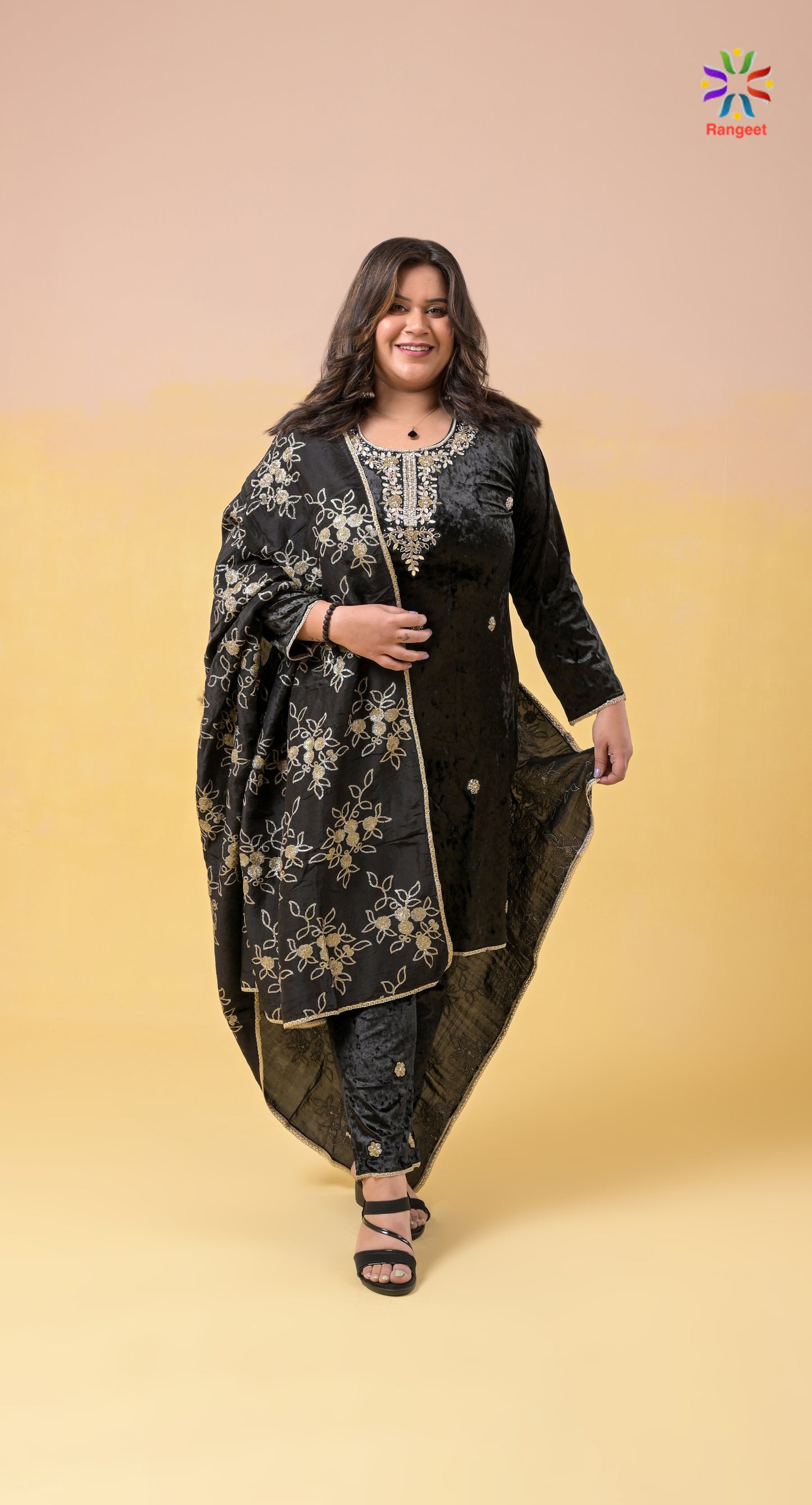 black mirror and zari embroidery velvet suit with embroidered dupatta