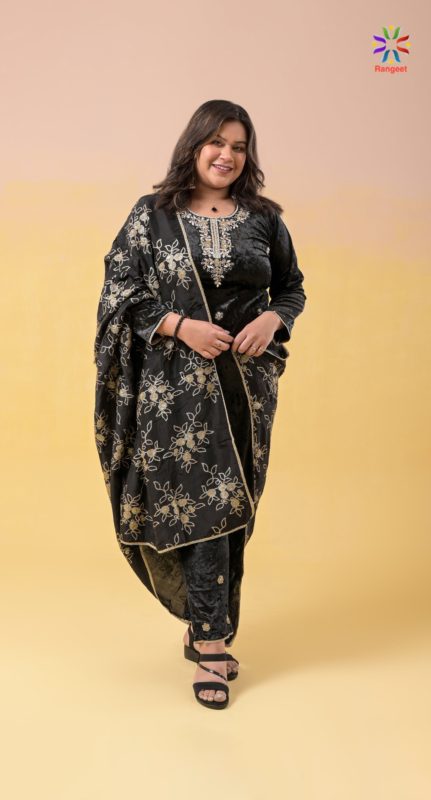 black mirror and zari embroidery velvet suit with embroidered dupatta