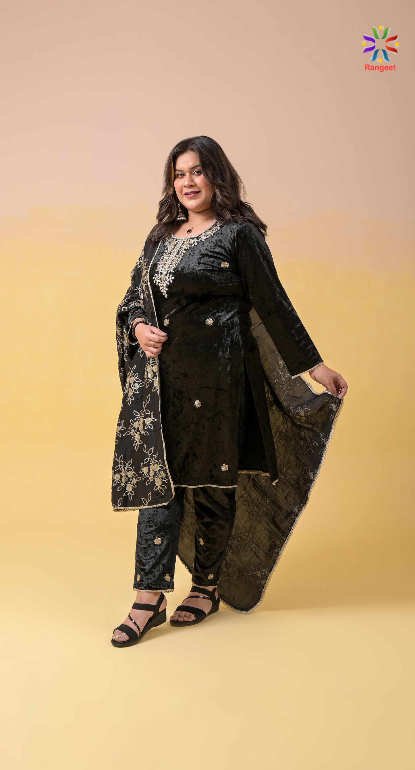 black mirror and zari embroidery velvet suit with embroidered dupatta