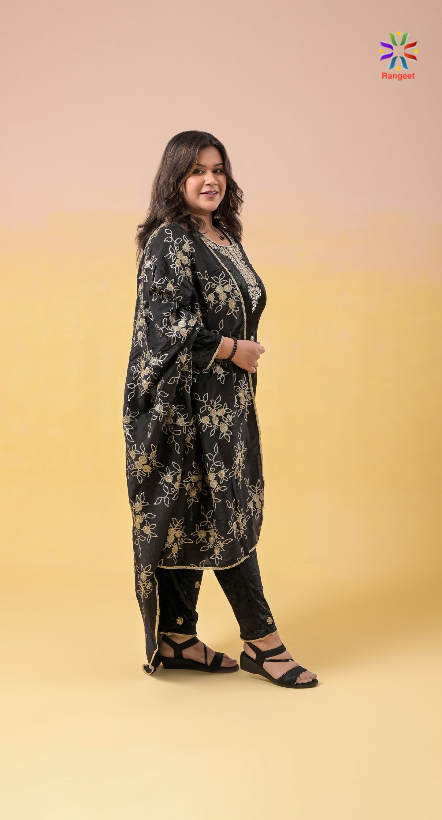 black mirror and zari embroidery velvet suit with embroidered dupatta