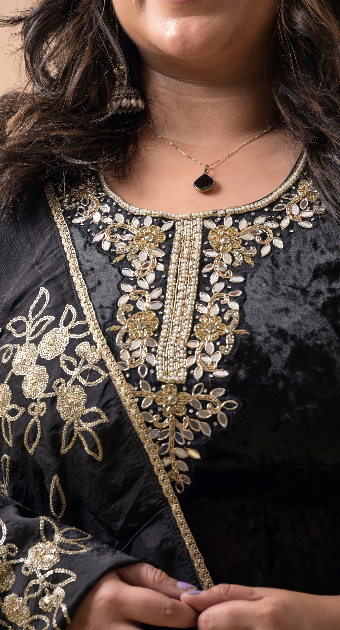 black mirror and zari embroidery velvet suit with embroidered dupatta