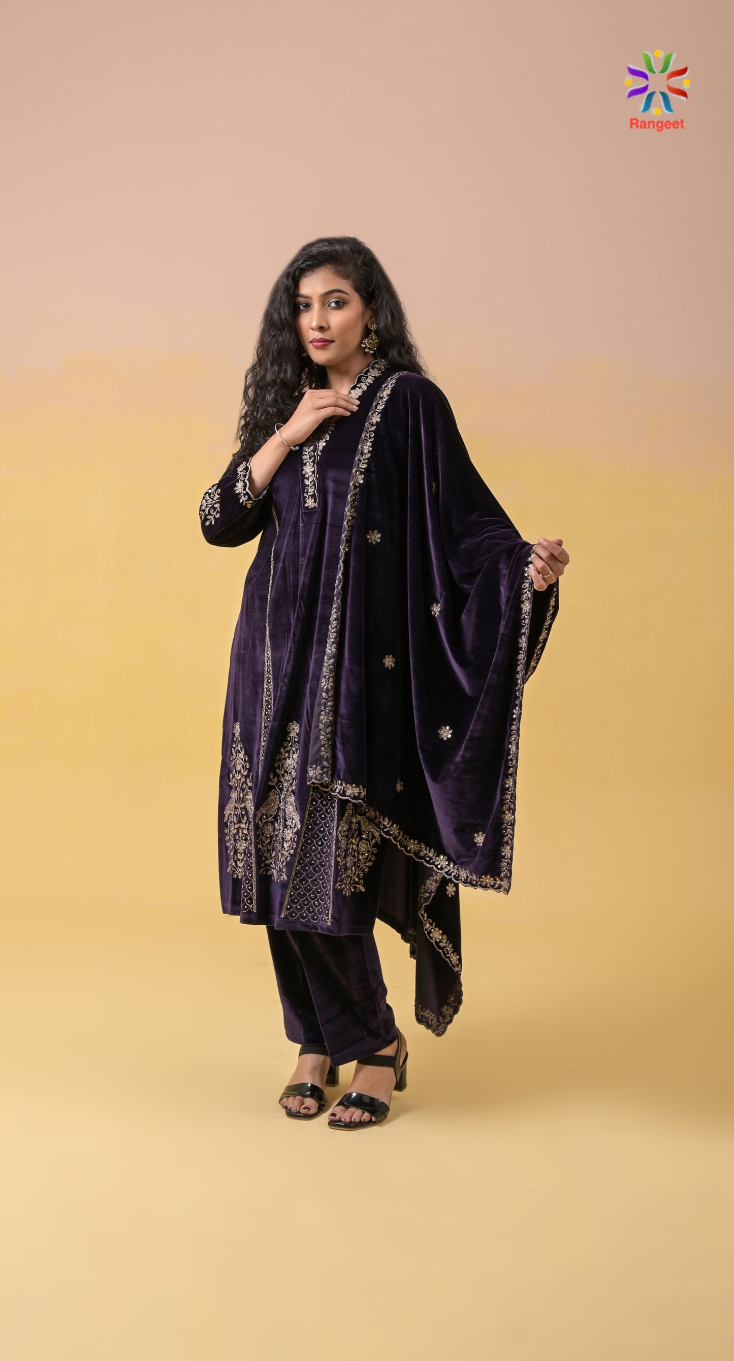 deep-purple zari and sequins embroidery wedding-wear velvet anarkali suit-set