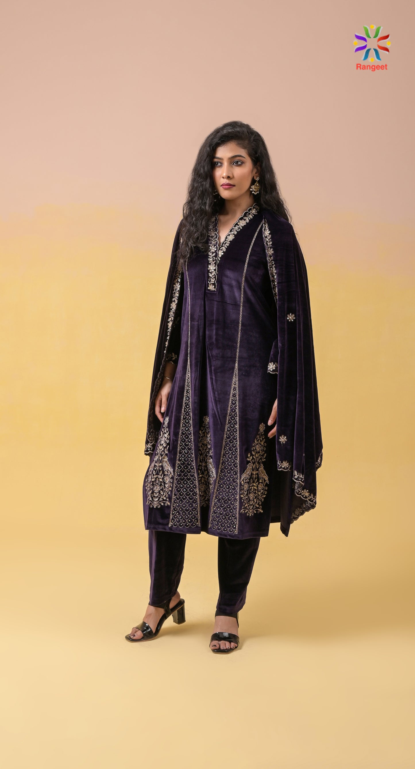 deep-purple zari and sequins embroidery wedding-wear velvet anarkali suit-set