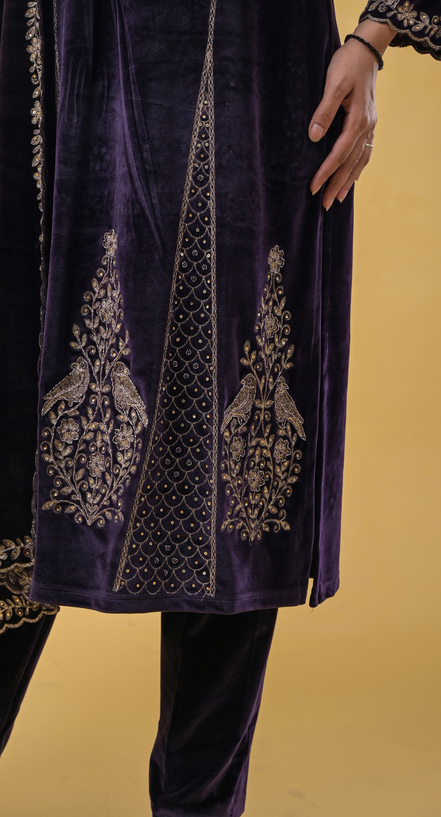 deep-purple zari and sequins embroidery wedding-wear velvet anarkali suit-set