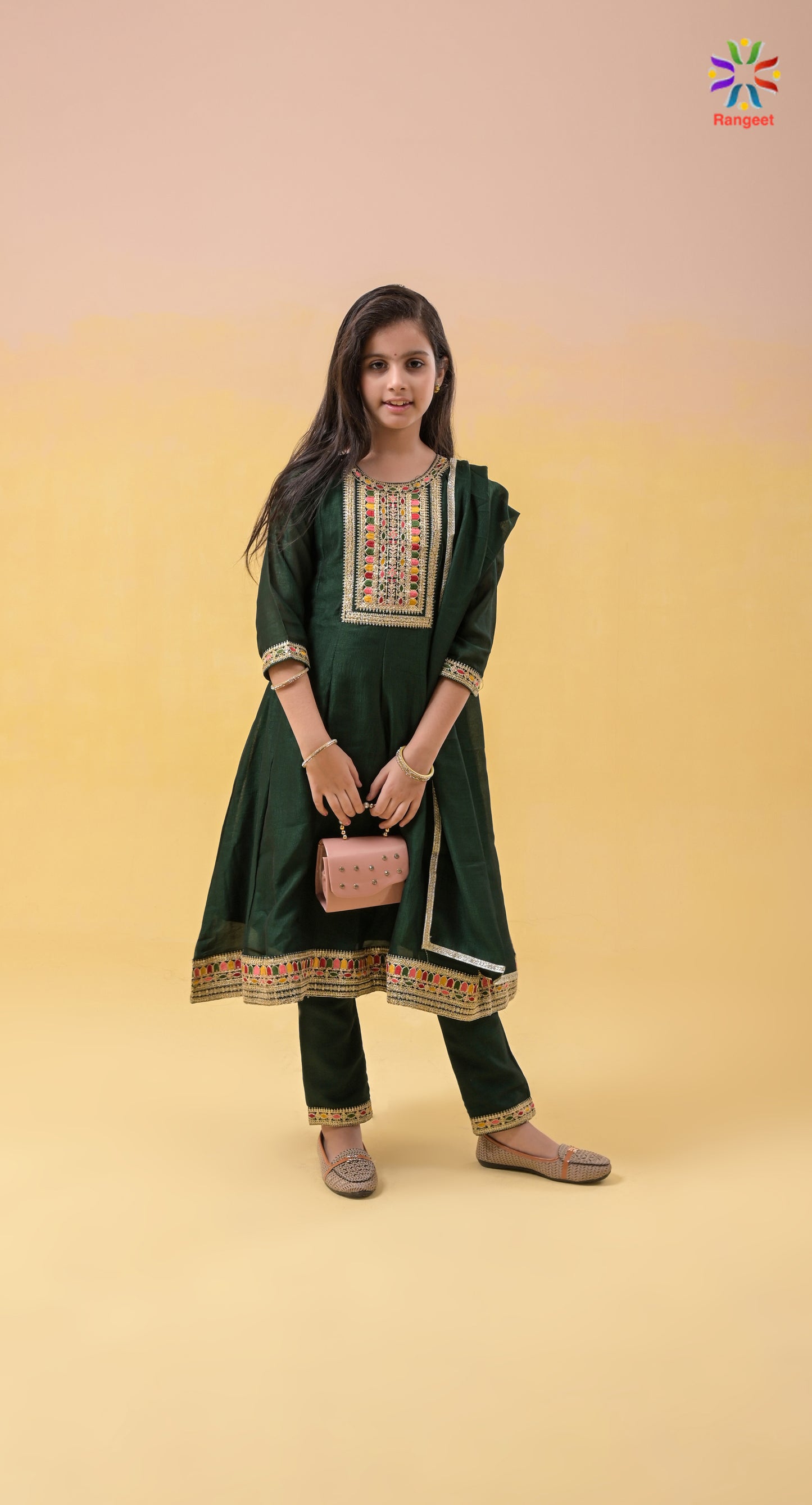 bottle-green multicolour-threads and zari embroidered wedding and festivals wear silk anarkali suit set