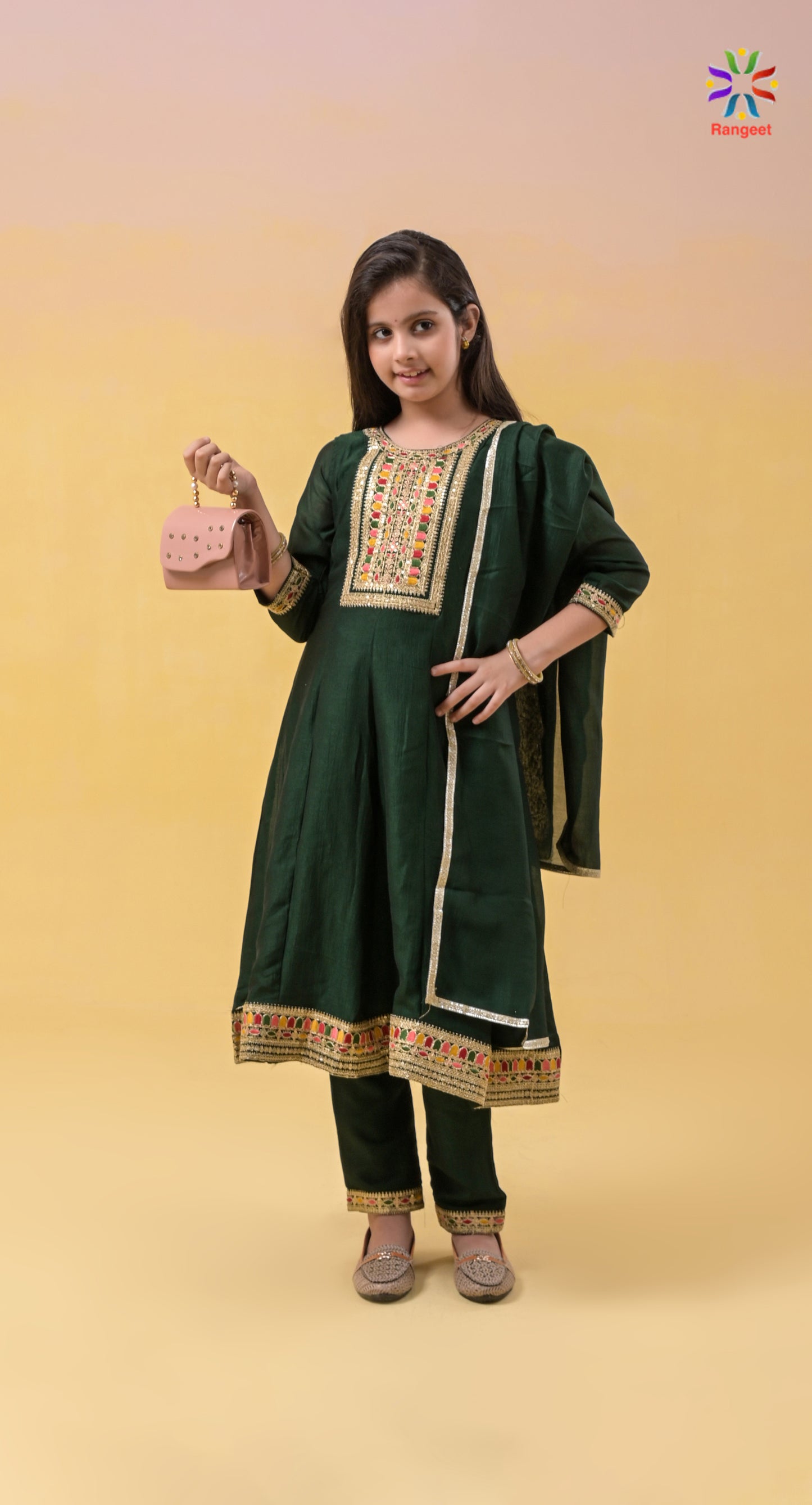 bottle-green multicolour-threads and zari embroidered wedding and festivals wear silk anarkali suit set