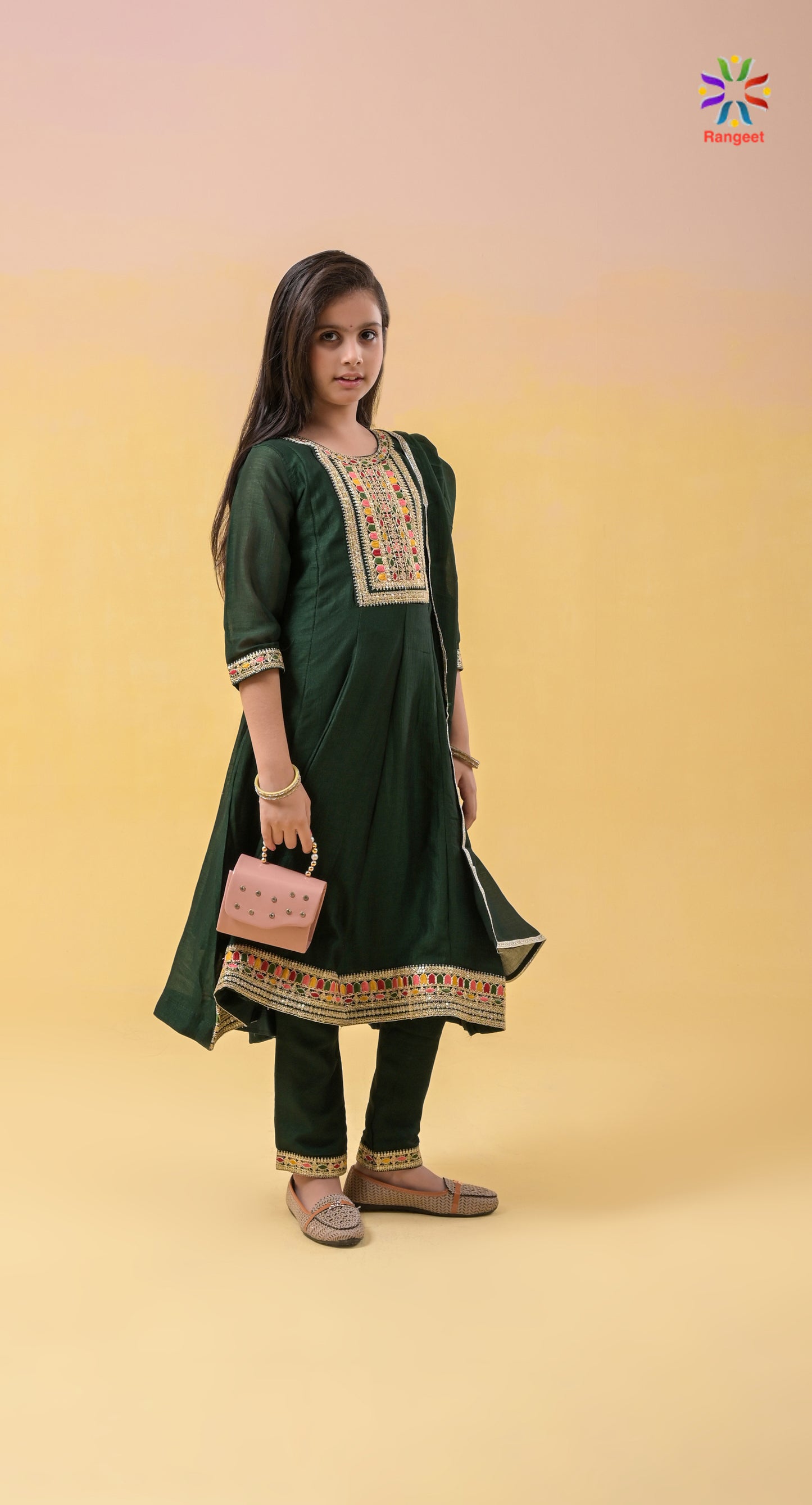 bottle-green multicolour-threads and zari embroidered wedding and festivals wear silk anarkali suit set