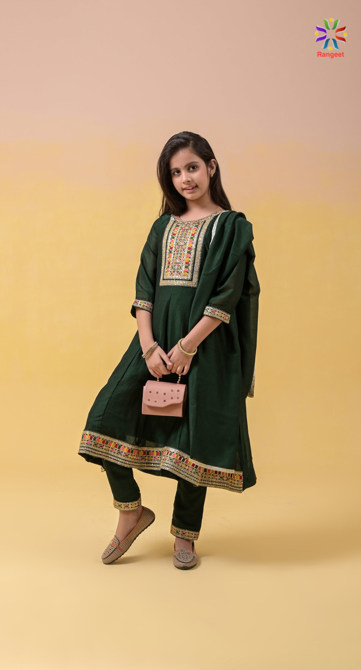 bottle-green multicolour-threads and zari embroidered wedding and festivals wear silk anarkali suit set