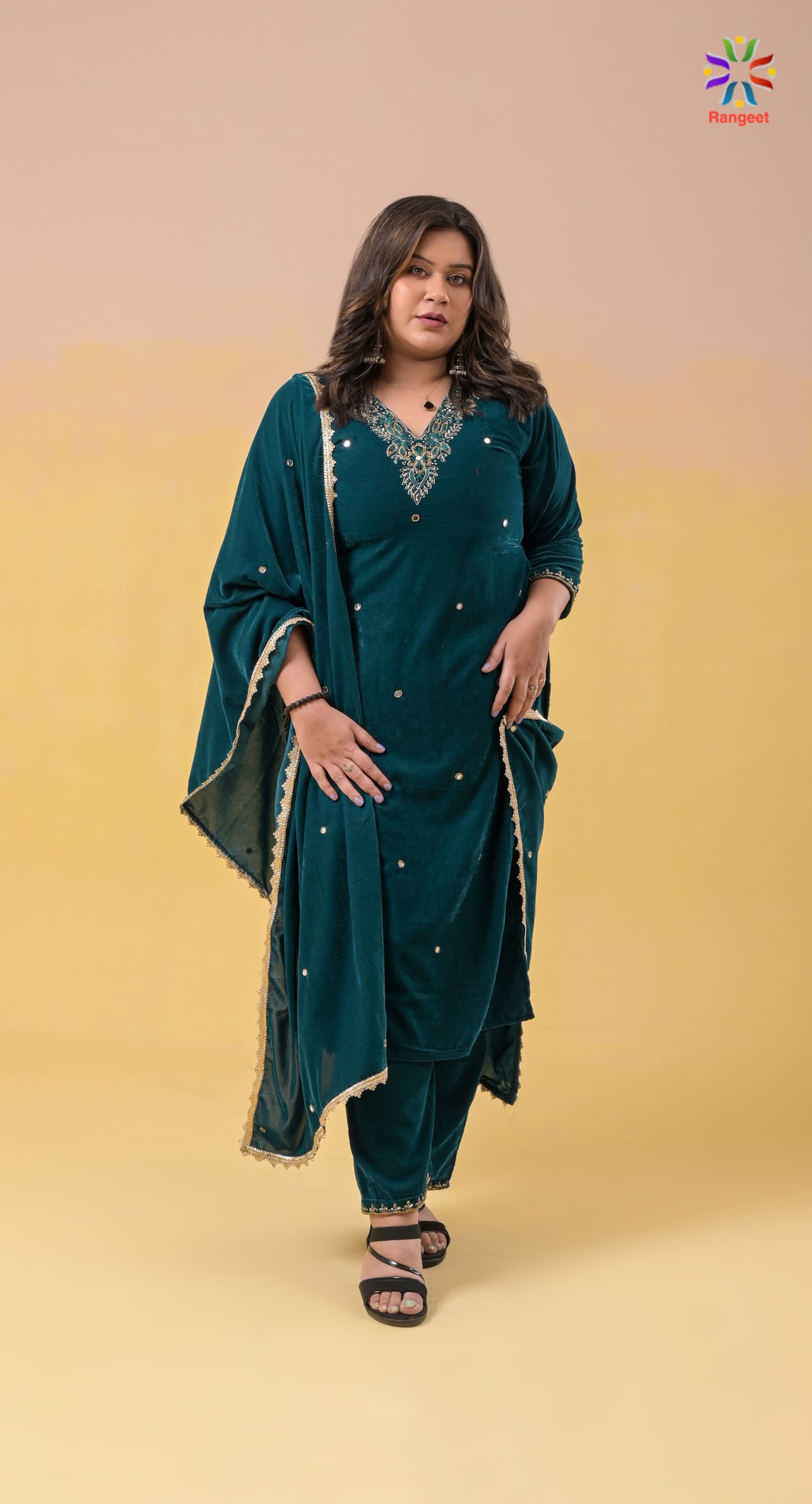 turquoise hand-embroidered v-neck velvet suit with velvet dupatta