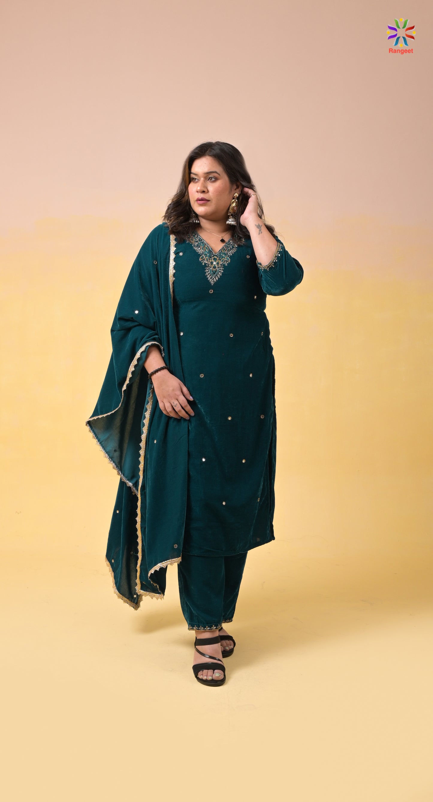 turquoise hand-embroidered v-neck velvet suit with velvet dupatta