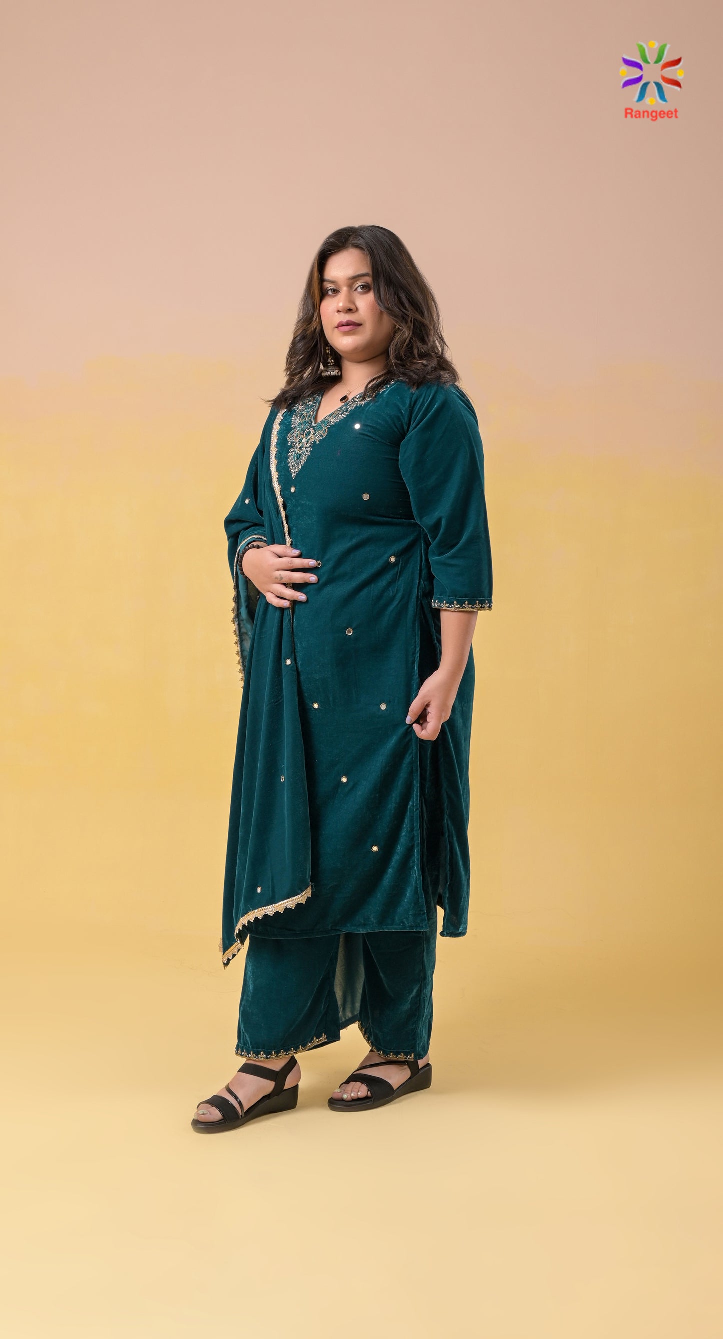 turquoise hand-embroidered v-neck velvet suit with velvet dupatta