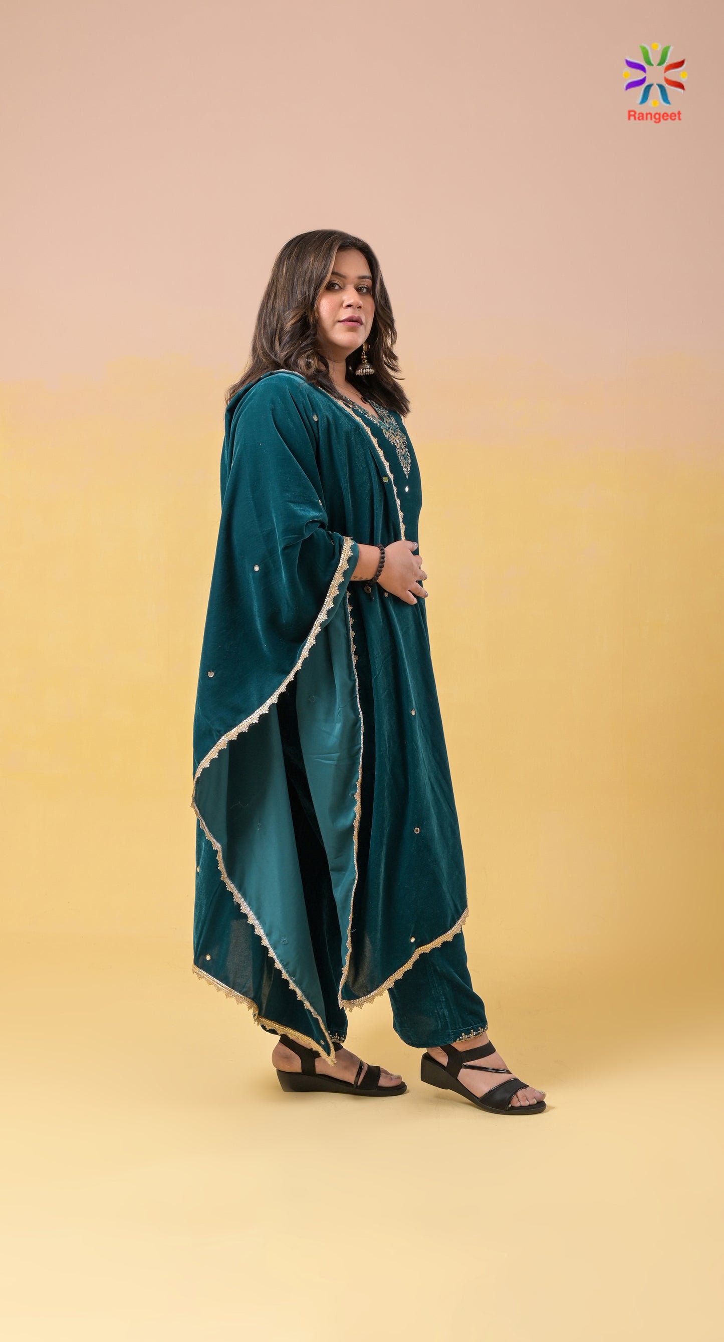 turquoise hand-embroidered v-neck velvet suit with velvet dupatta