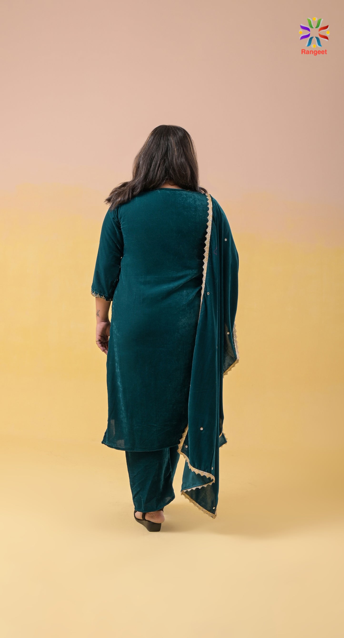 turquoise hand-embroidered v-neck velvet suit with velvet dupatta