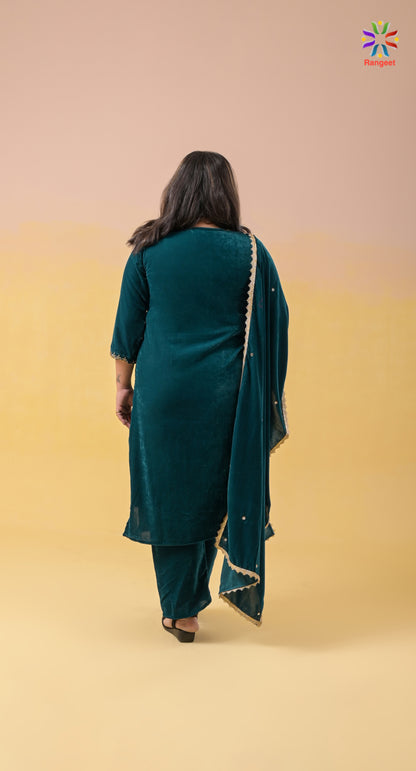 Turquoise Hand-Embroidered V-Neck Velvet Suit with Velvet Dupatta