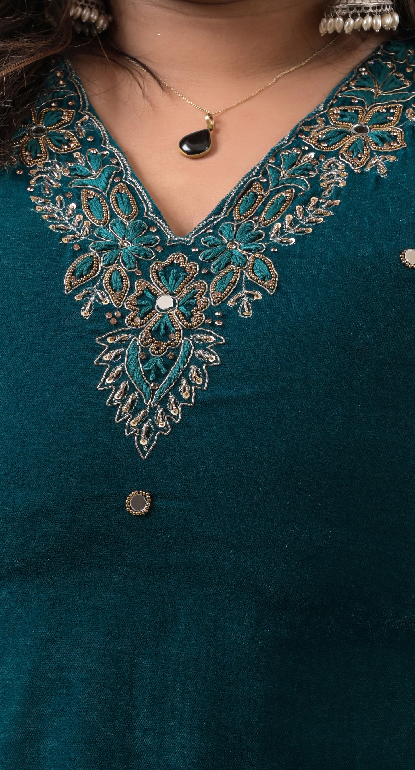 turquoise hand-embroidered v-neck velvet suit with velvet dupatta