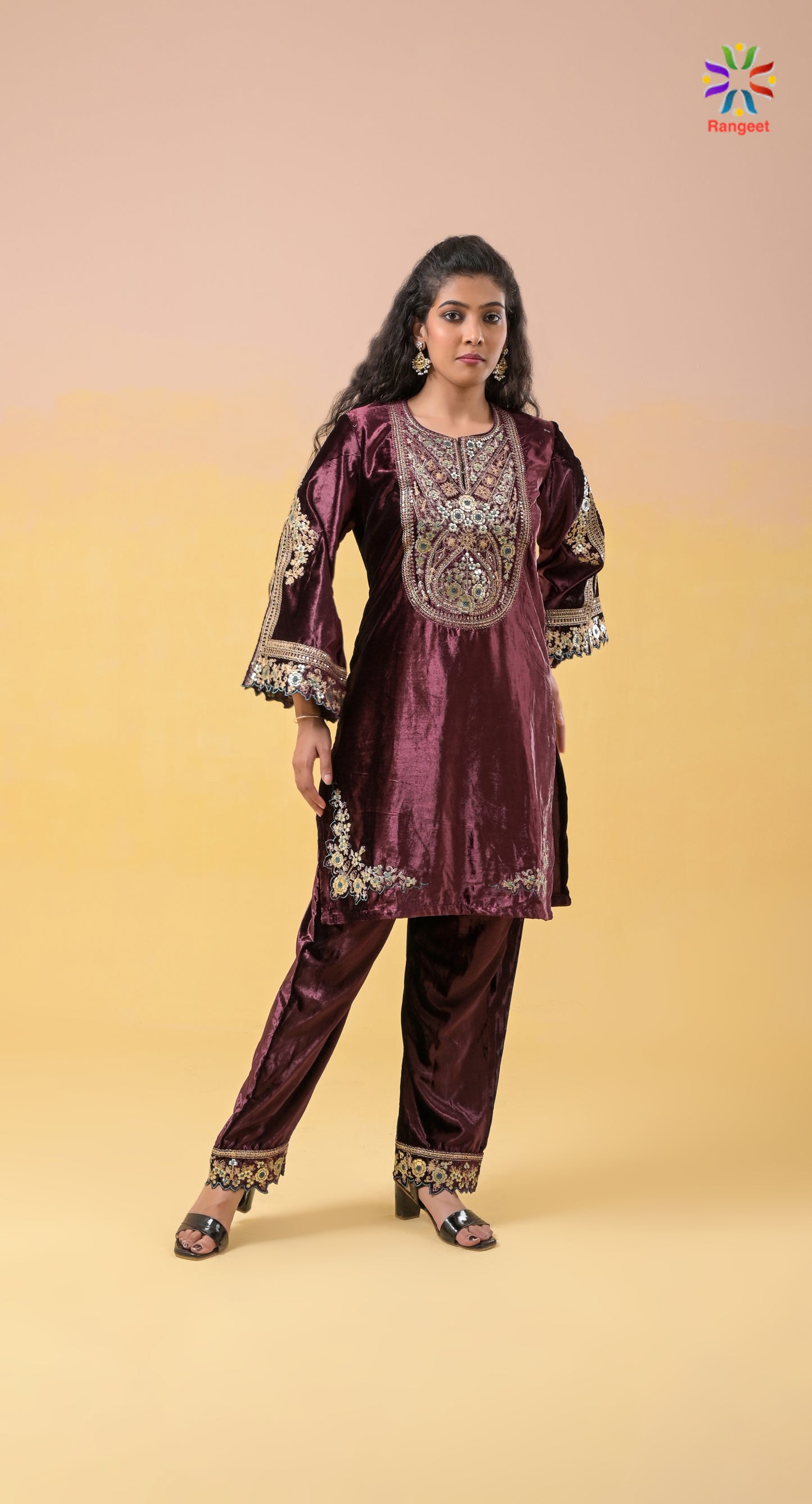 burgundy fully-embroidered pure-velvet designer-wear suit