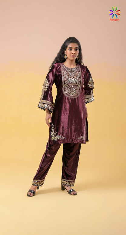 Burgundy Fully-Embroidered Pure-Velvet Designer-Wear Suit