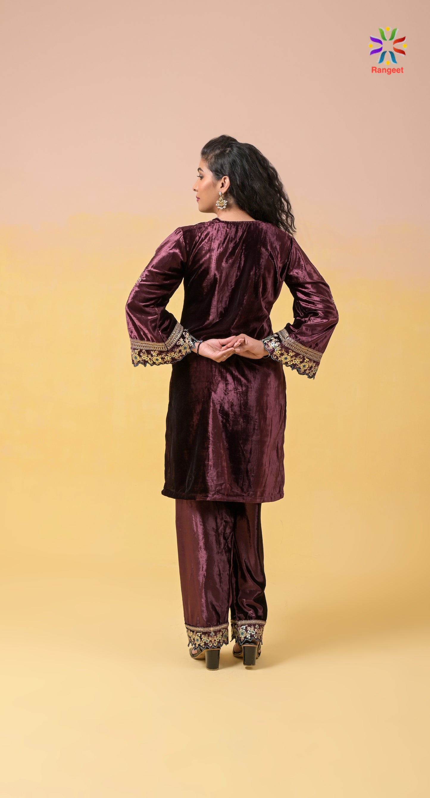 burgundy fully-embroidered pure-velvet designer-wear suit