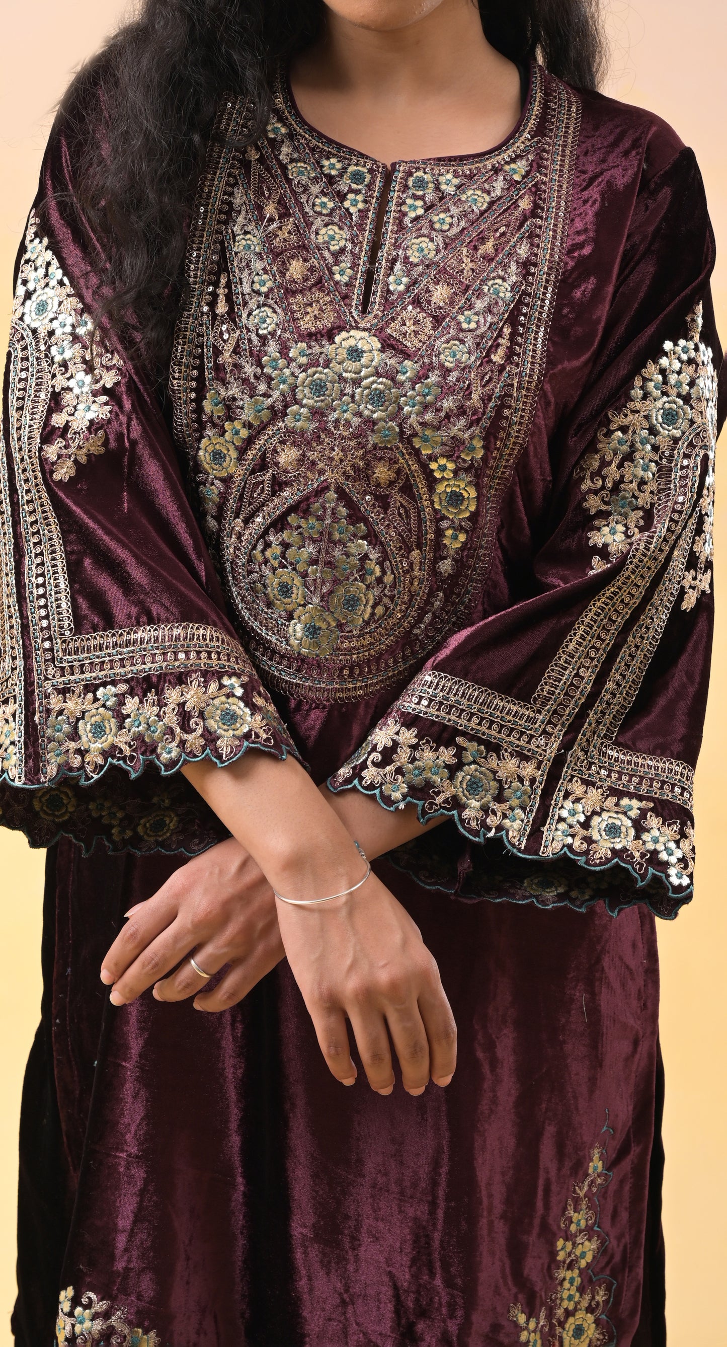 burgundy fully-embroidered pure-velvet designer-wear suit