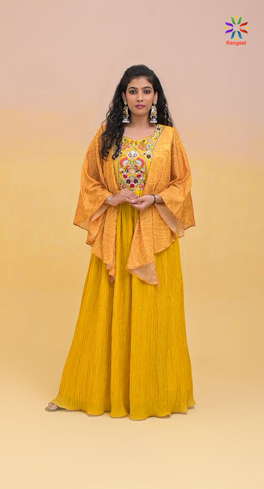 Haldi-Yellow Embroidered with Cape-Style Sleeves Wedding-Wear Chinnon Gown