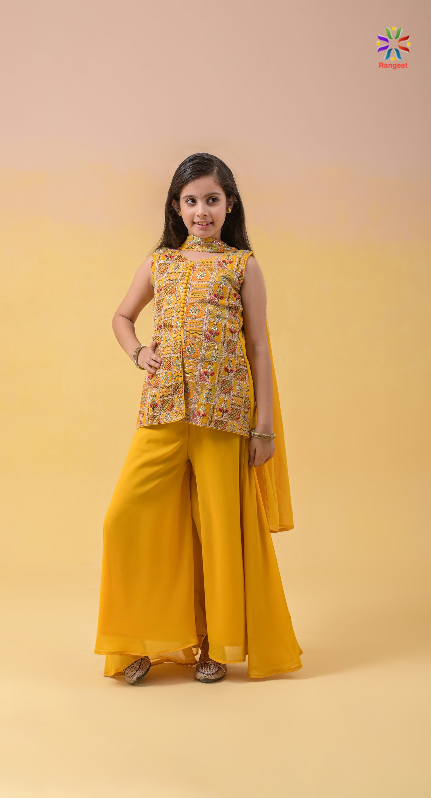 haldi-yellow fully-embroidered wedding-wear georgette palazzo-top for young-girls