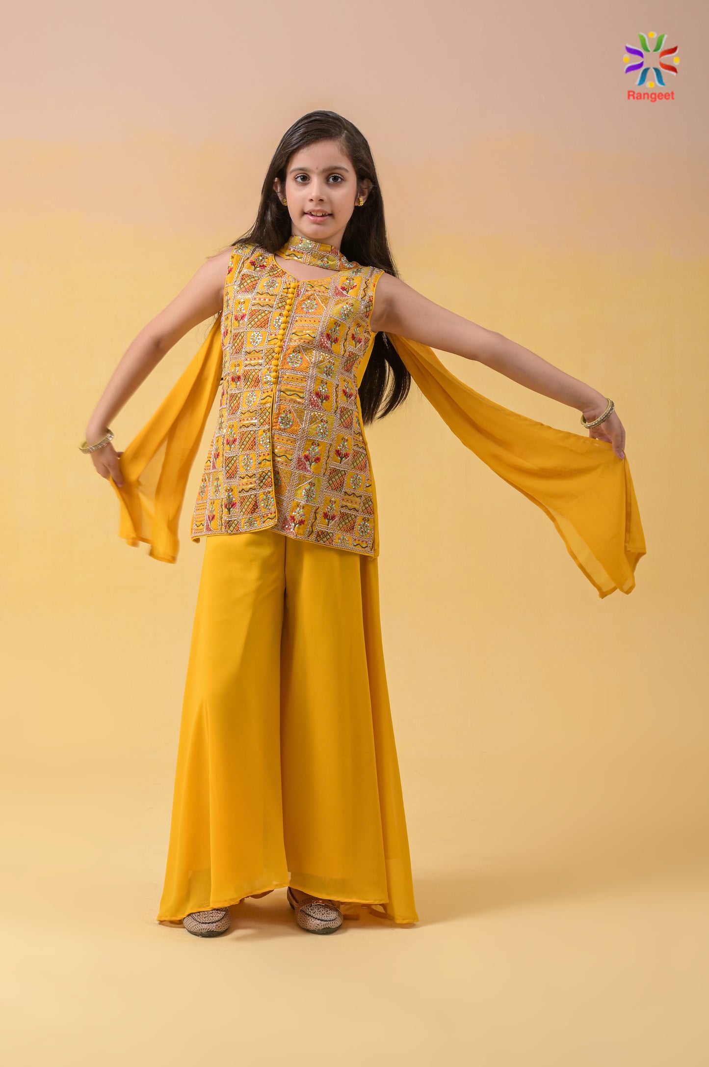 haldi-yellow fully-embroidered wedding-wear georgette palazzo-top for young-girls