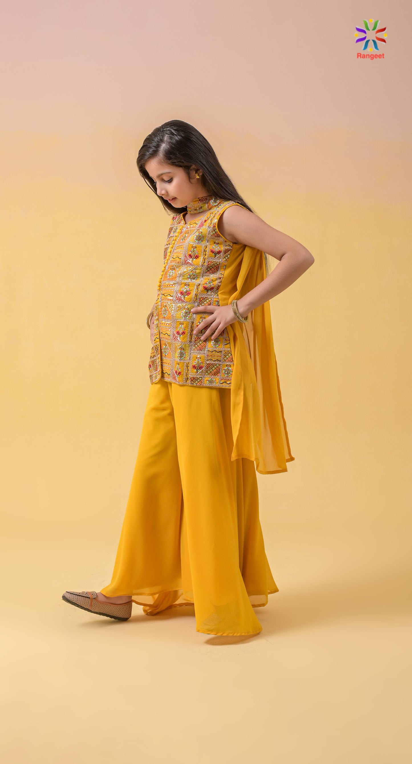 haldi-yellow fully-embroidered wedding-wear georgette palazzo-top for young-girls