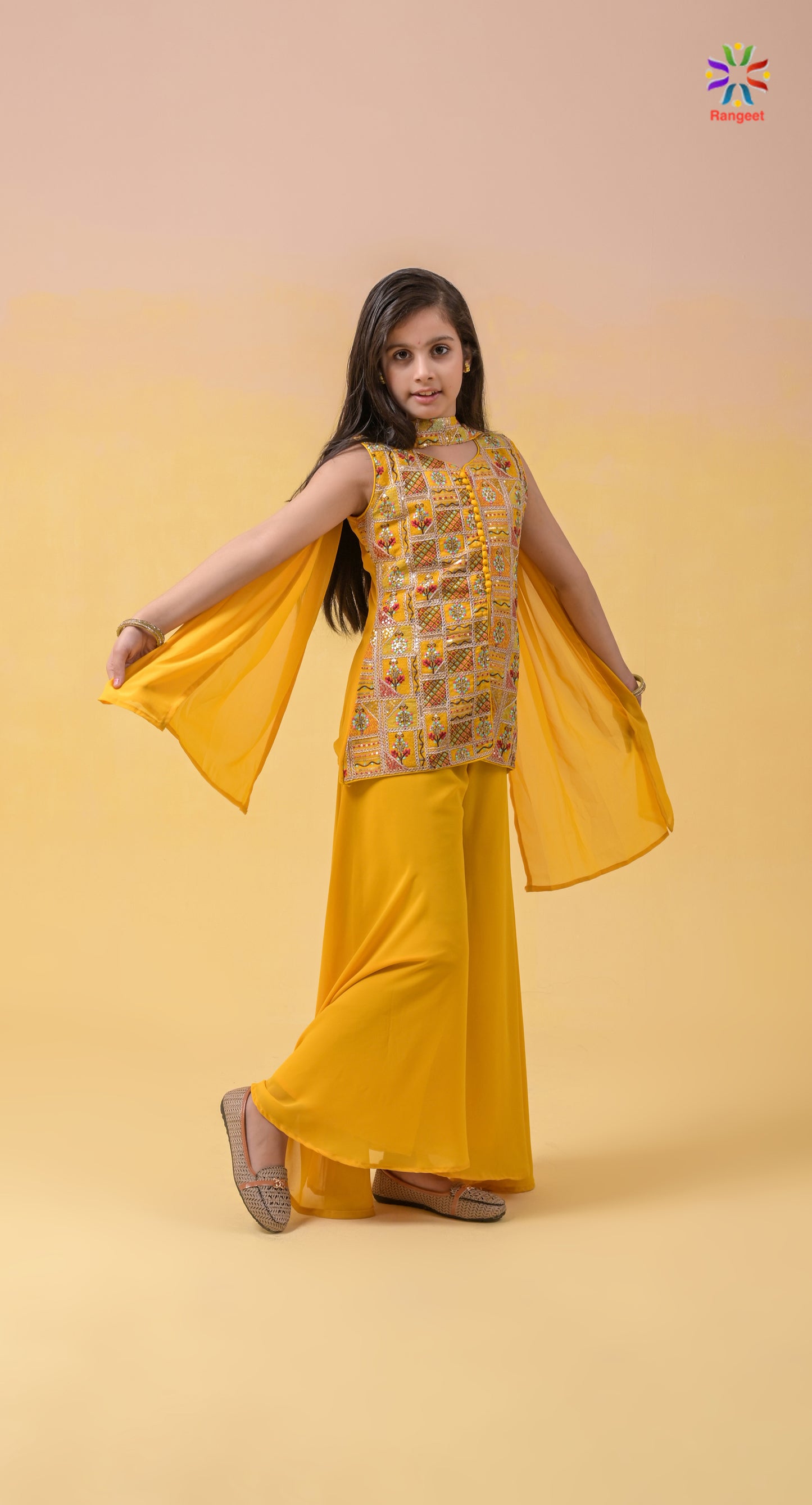 haldi-yellow fully-embroidered wedding-wear georgette palazzo-top for young-girls