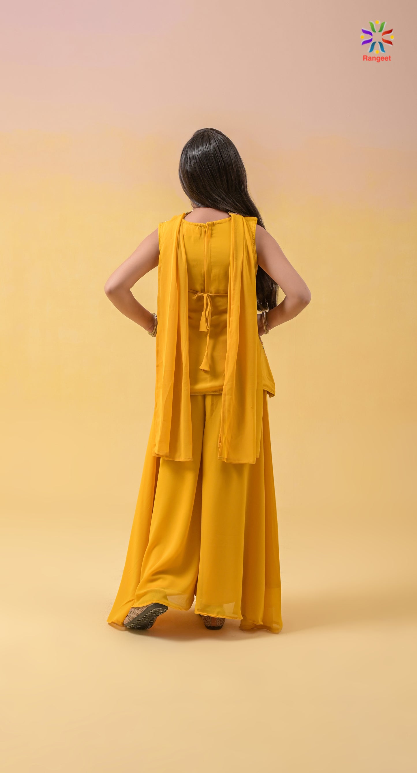 haldi-yellow fully-embroidered wedding-wear georgette palazzo-top for young-girls