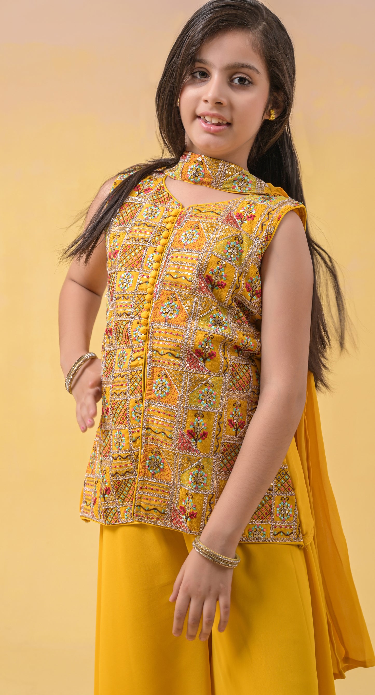 haldi-yellow fully-embroidered wedding-wear georgette palazzo-top for young-girls