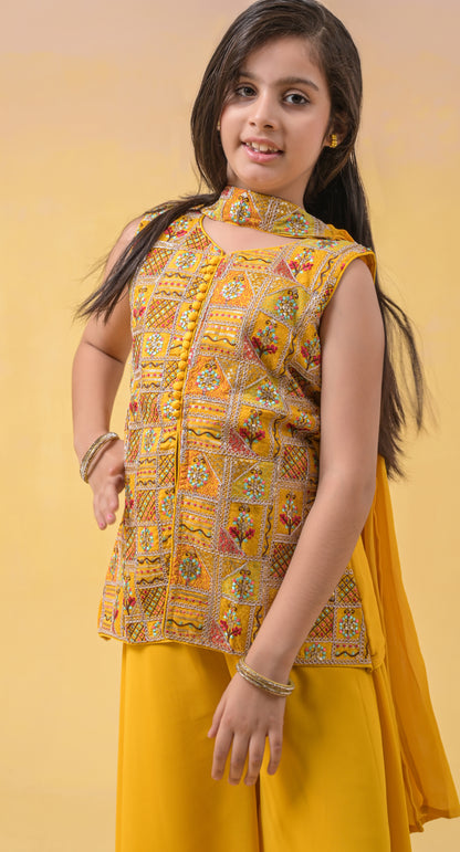 Haldi-Yellow Fully-Embroidered Wedding-Wear Georgette Palazzo-Top for Young-Girls