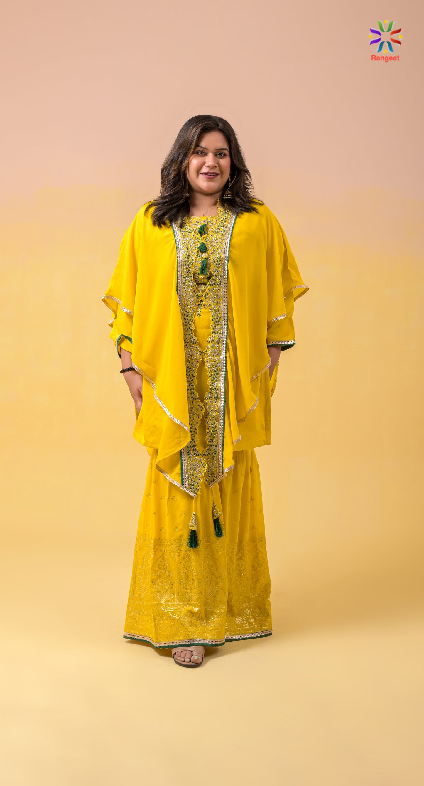 haldi-yellow cape-style embroidered wedding-wear georgette sharara-set