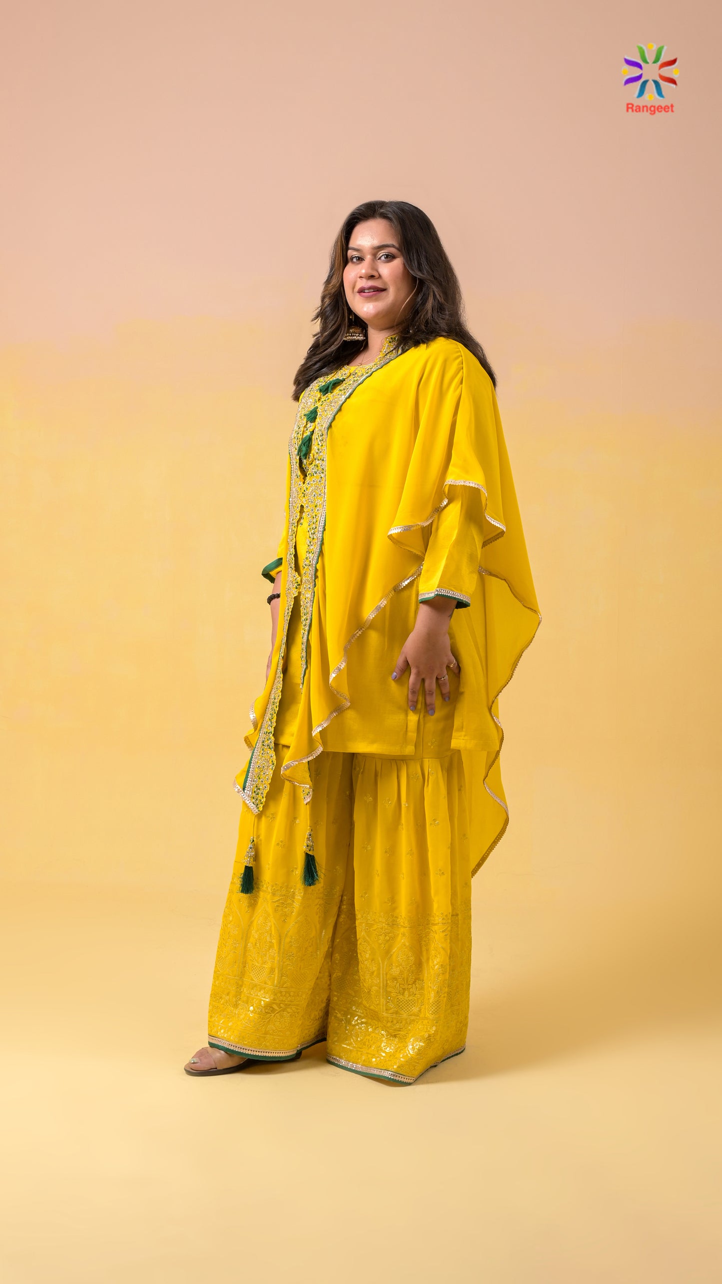 haldi-yellow cape-style embroidered wedding-wear georgette sharara-set