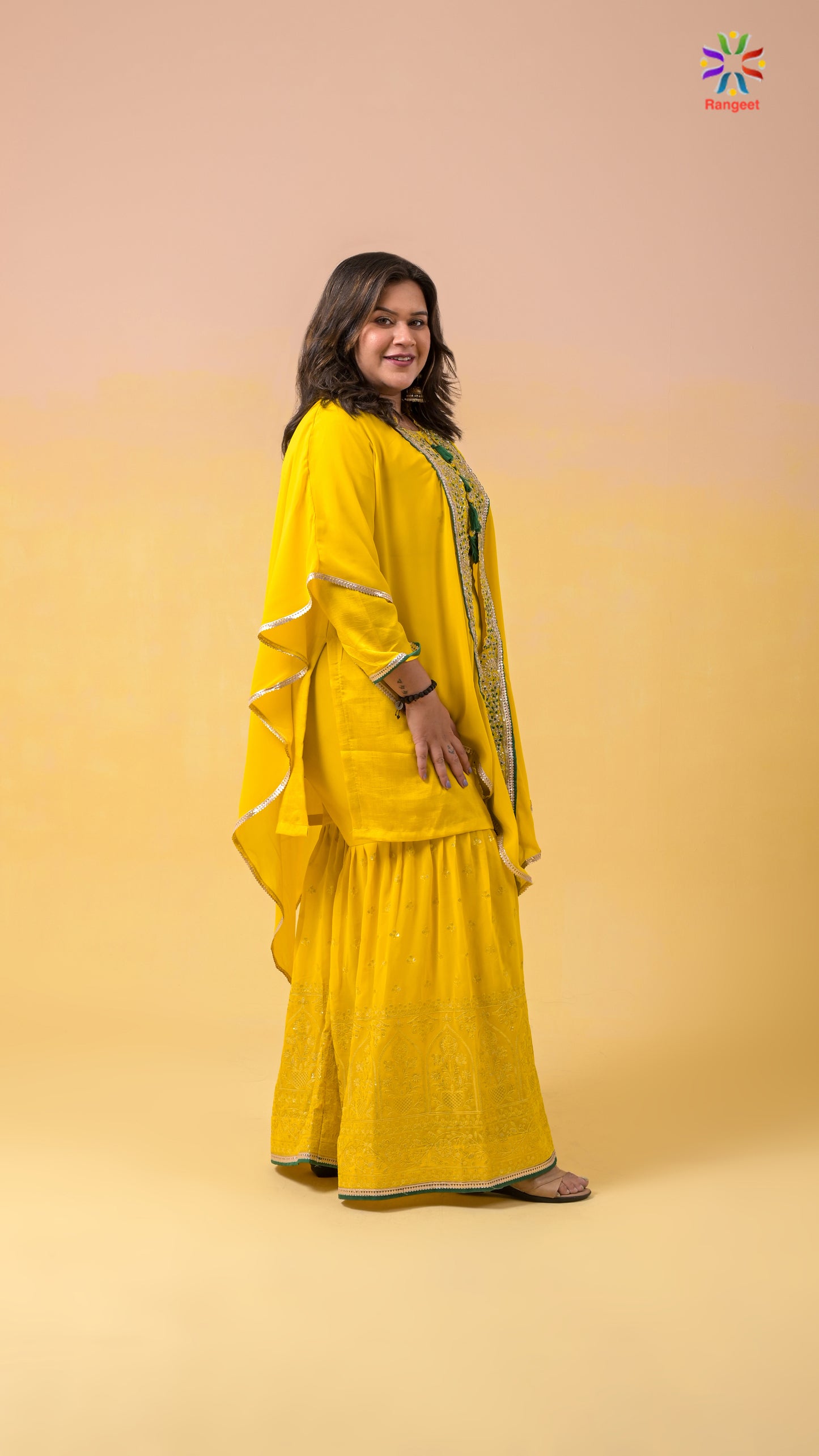 haldi-yellow cape-style embroidered wedding-wear georgette sharara-set