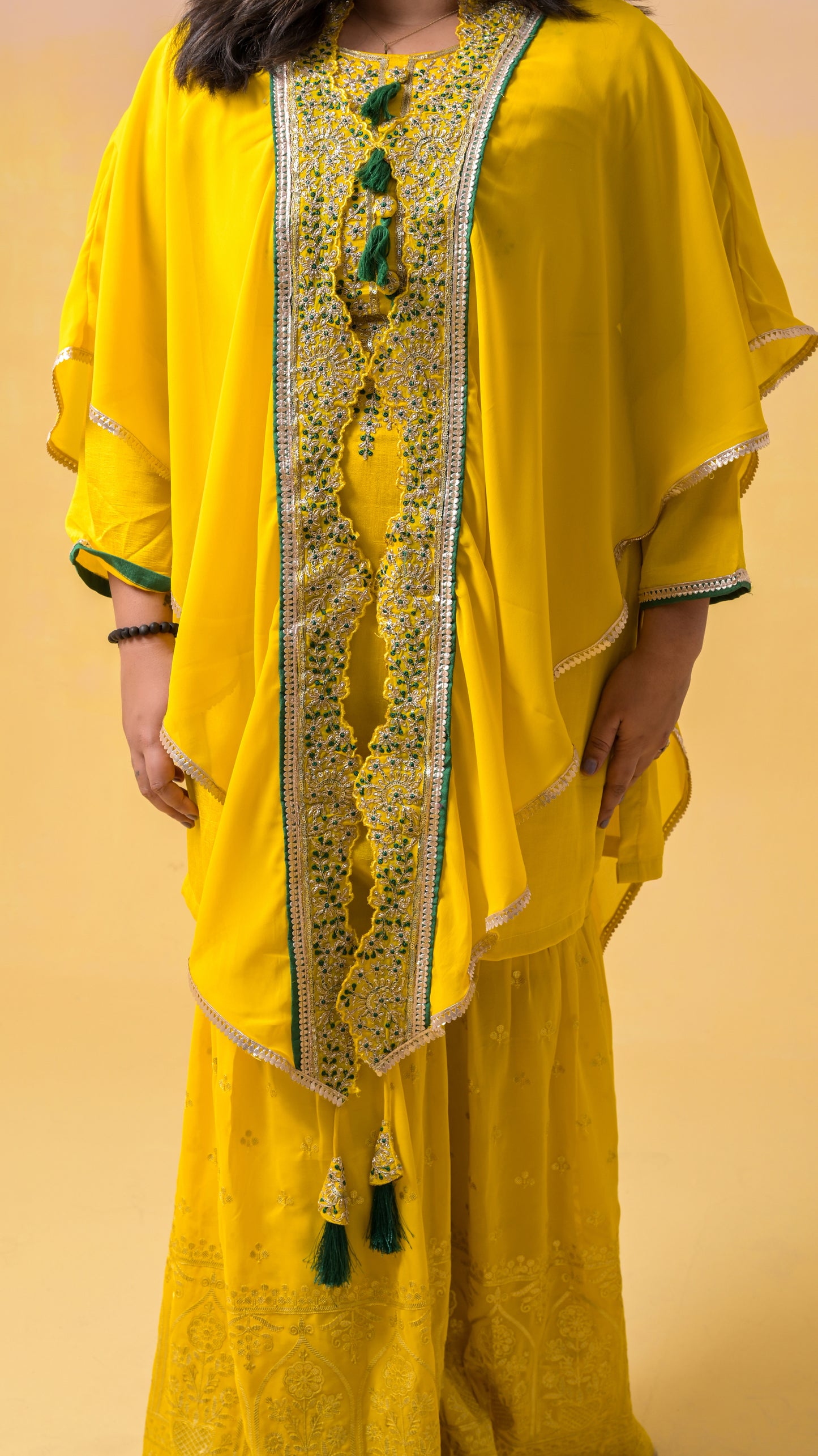 haldi-yellow cape-style embroidered wedding-wear georgette sharara-set