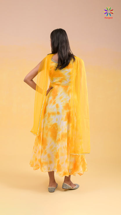 Yellow and White Tie-Dye Print Georgette Gown with Net Dupatta