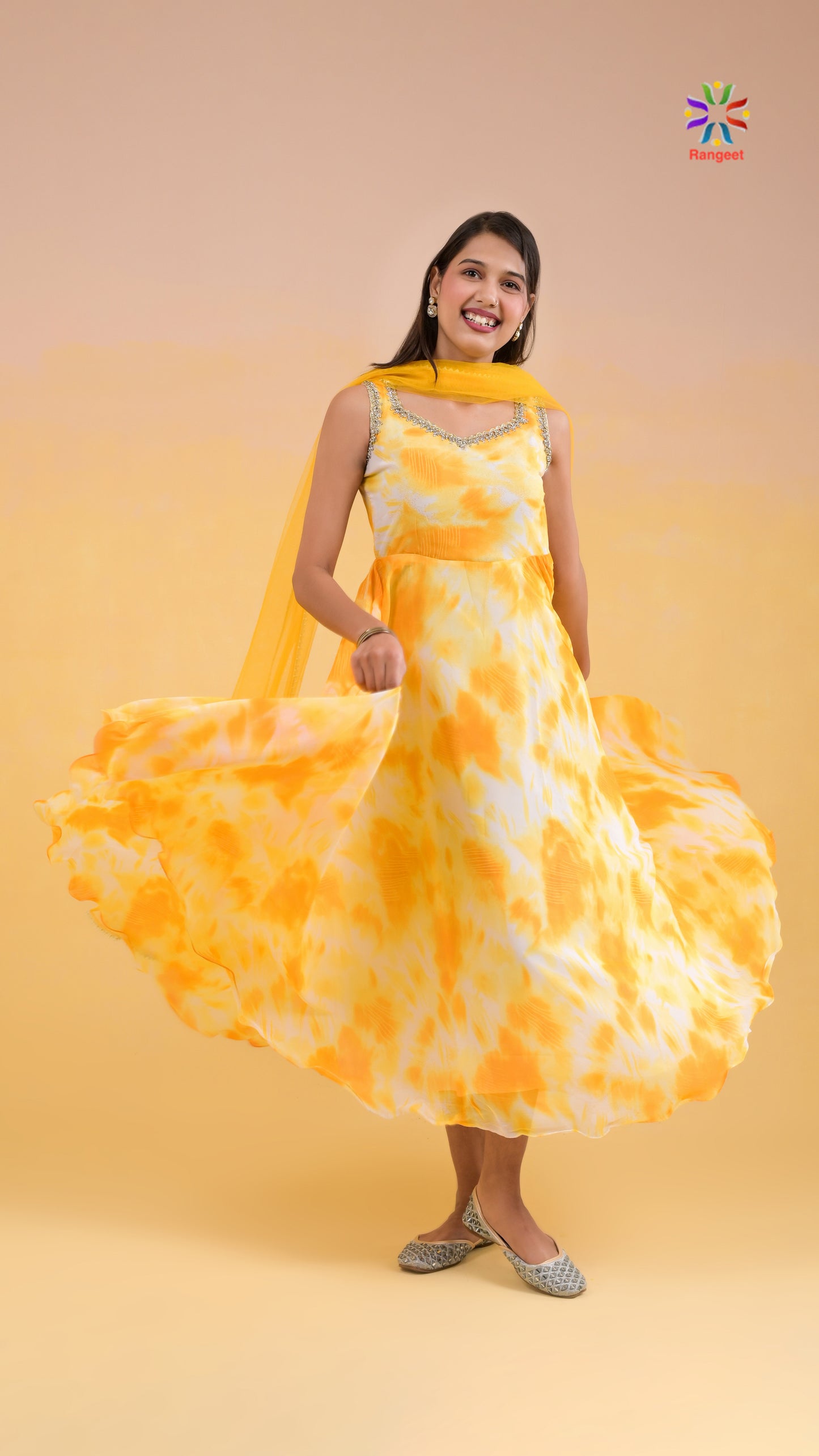 yellow and white tie-dye print georgette gown with net dupatta