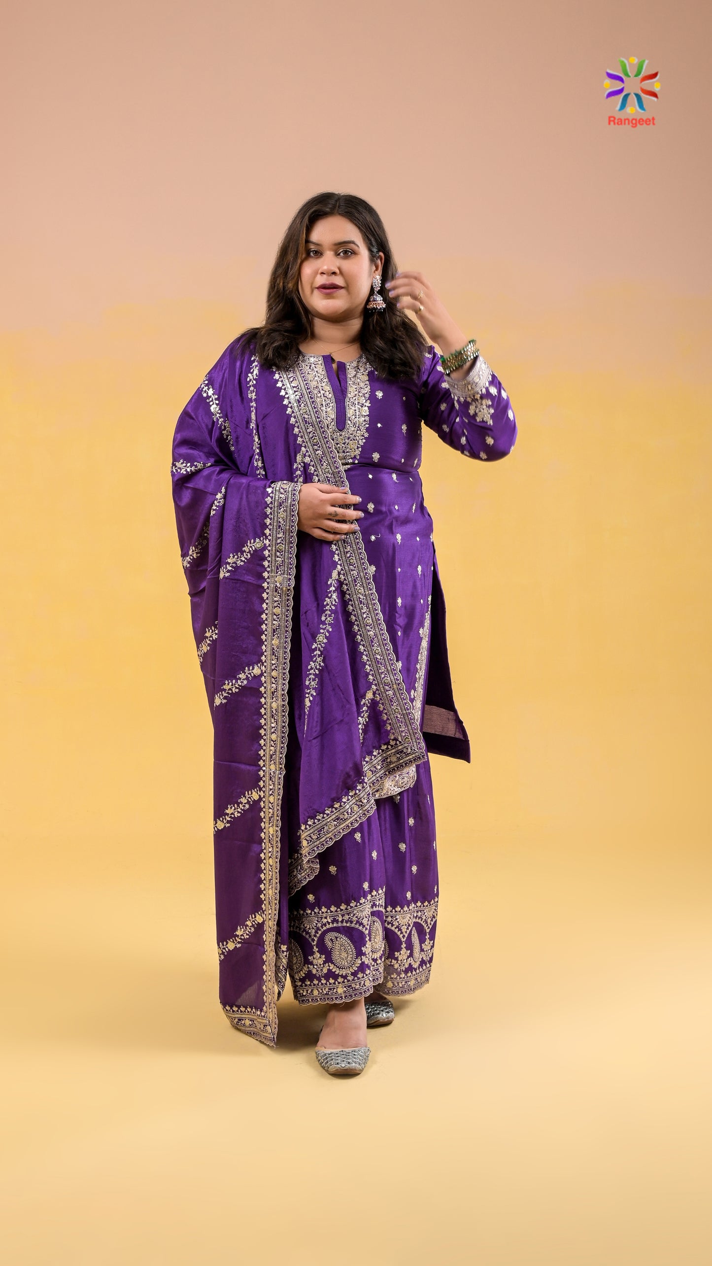 bright-purple full-embroidered wedding-wear chinon sharara set