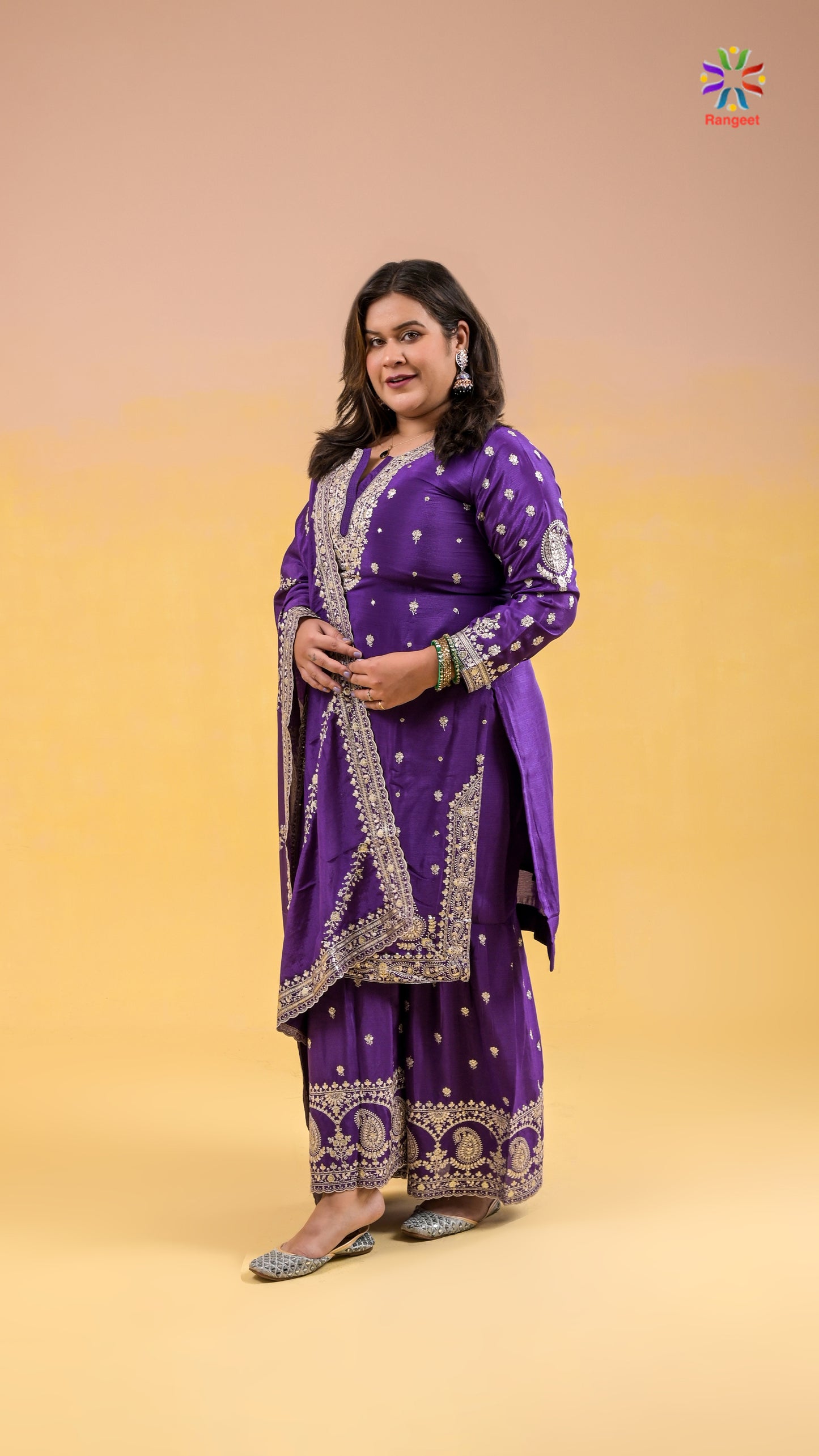 bright-purple full-embroidered wedding-wear chinon sharara set