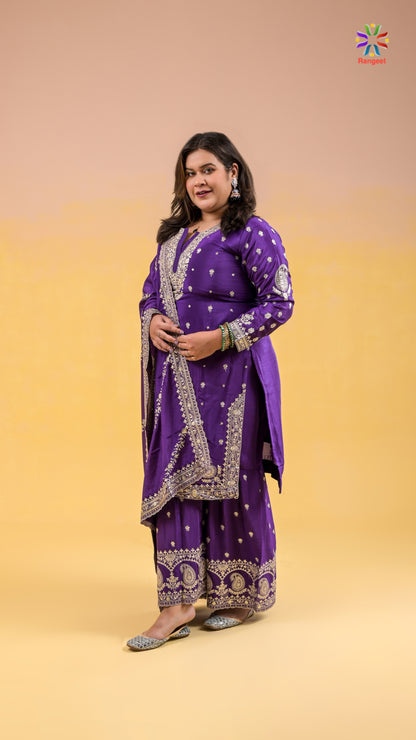 Bright-Purple Full-Embroidered Wedding-Wear Chinon Sharara Set