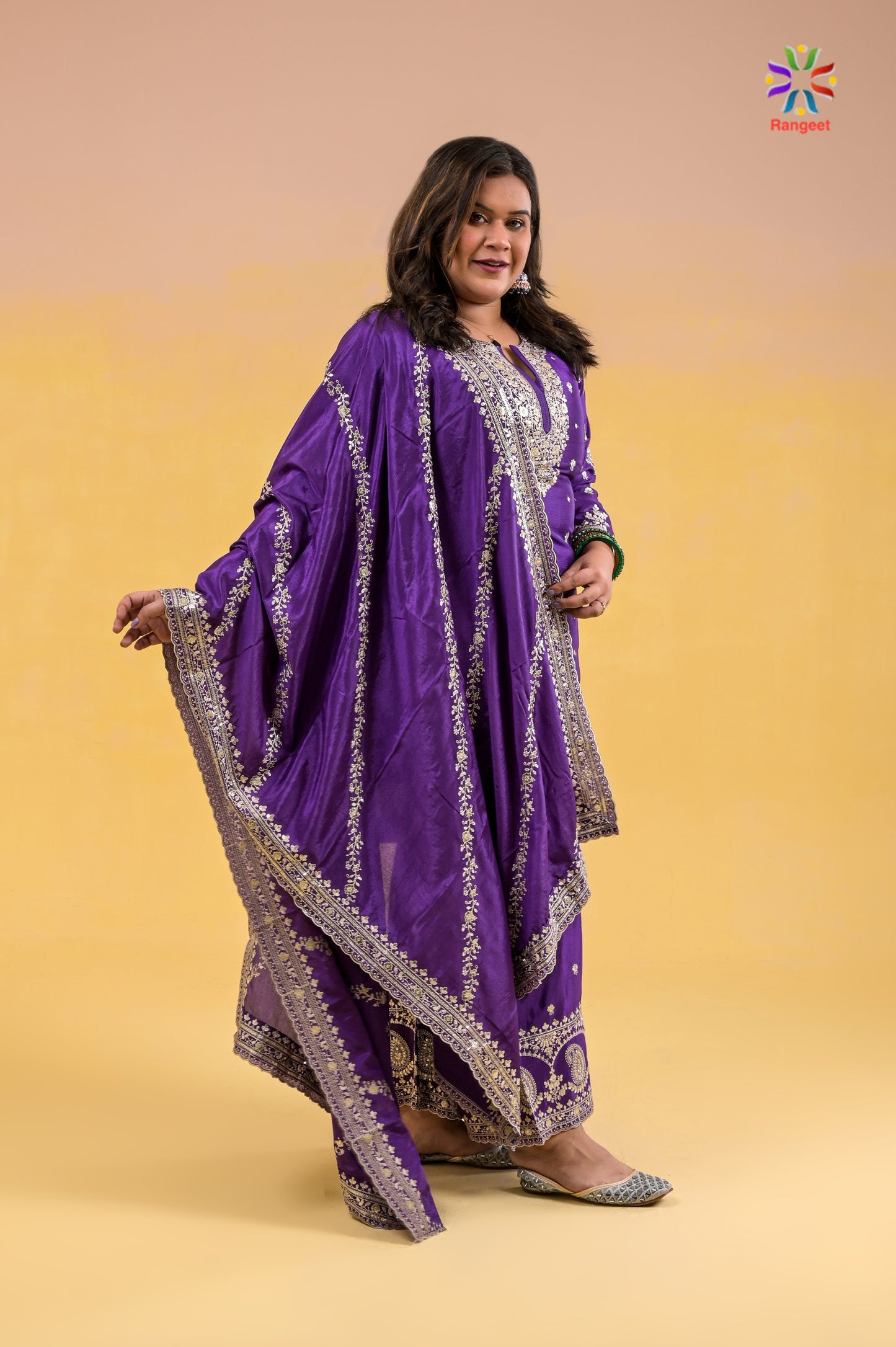 bright-purple full-embroidered wedding-wear chinon sharara set