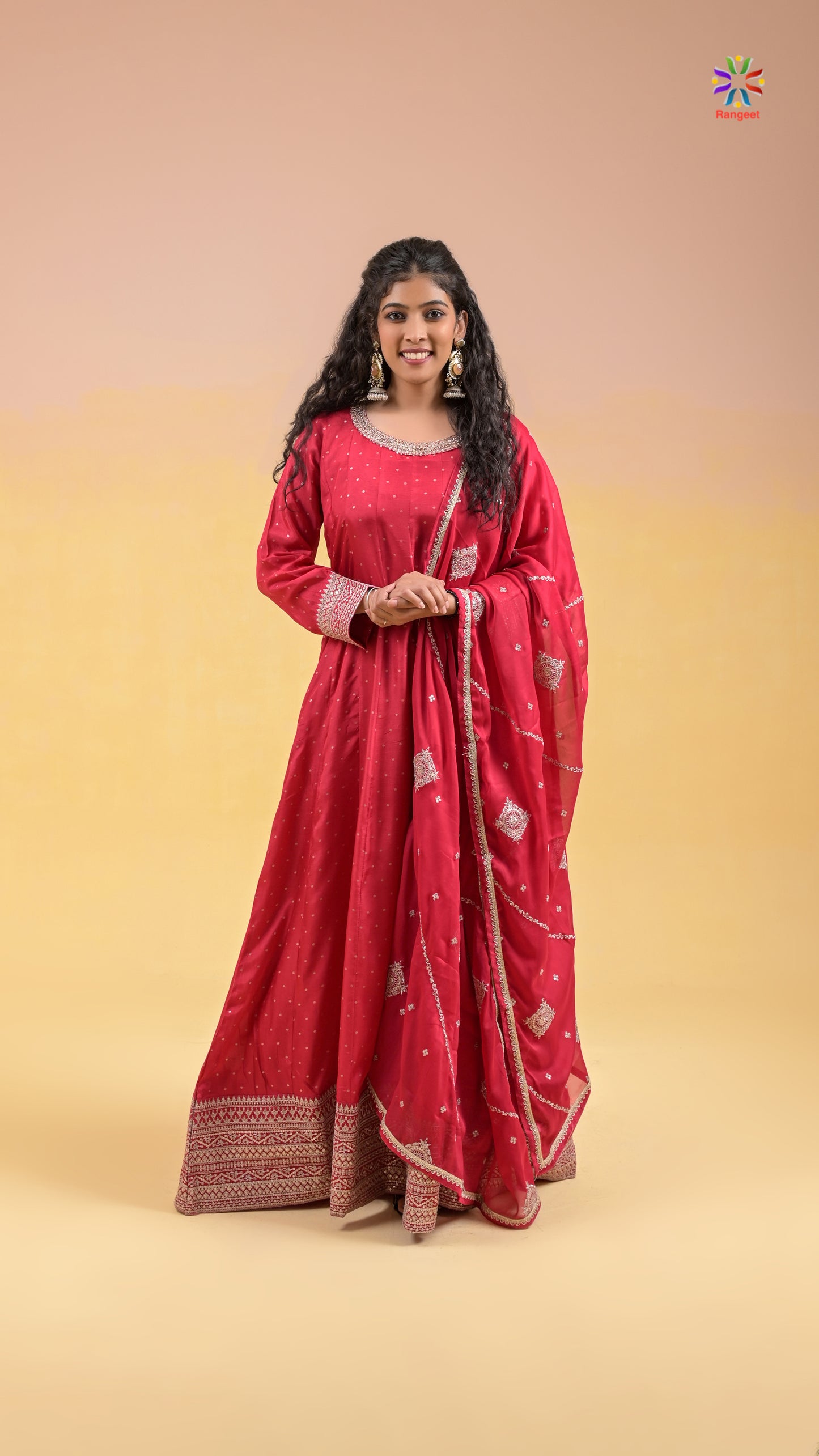 magenta zair-embroidered long anarkali wedding-wear silk gown with dupatta